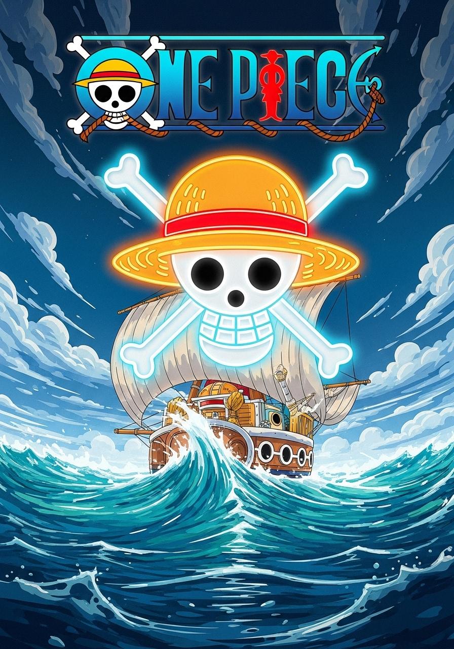 Typography at the very top in the official One Piece logo style, faithfully recreated in glowing neon painterly strokes. The bold letters glow in vivid orange-red with an inner yellow shimmer, outlined in bright sky-blue neon. The central skull-and-crossbones emblem of the logo, wearing Luffy’s straw hat, is precisely rendered in glowing neon strokes: the hat glowing in warm golden-orange with a fiery red band, and the skull outlined in sharp white neon with faint cyan highlights.

At the center foreground of the vertical 8x10 composition sits Tony Tony Chopper in Brain Point form, drawn exactly as in the anime. His oversized round head is topped with his iconic large pink hat, featuring the white medical cross perfectly centered on the front. The hat is painted in glowing neon pink brushstrokes with subtle gradients of rose and hot pink, while the cross glows in crisp white neon with pale blue edging. His short brown fur is built from warm neon browns, oranges, and golds, with ivory accents along his face, chest, and hooves. His antlers are shaped exactly like in the anime, glowing in neon beige with ivory ridges. His large anime-style eyes are bright and round, outlined in glowing black neon with white sclera and vivid navy-blue irises accented by turquoise glows. He wears his blue backpack, glowing in turquoise neon with white highlights along the straps. His pose is cheerful, sitting slightly turned toward the viewer, with his tiny neon hooves visible.

Behind Chopper, the Thousand Sunny rises proudly in the background, built with perfect anime accuracy but glowing in painterly neon strokes. The lion figurehead glows in golden-orange and fiery yellow, its mane segmented in radiant neon brushstrokes and its round face outlined in thick white neon lines. The ship’s wooden hull glows in deep neon browns with luminous gold accents, segmented with glowing white neon strokes to mimic the planking. The orange paddle wheels on the sides are built in bright orange neon with fiery highlights. The Sunny’s masts and sails rise above, rendered in glowing white neon lines with subtle ivory shading, while the central Jolly Roger flag with the straw-hat skull glows in bold white neon with black outlines, accented by a glowing red stripe on the straw hat.

The setting is a vibrant One Piece ocean scene:
	•	Palm trees rise along the lower edges, glowing in vivid green neon with turquoise highlights, their trunks in fiery orange and golden neon strokes.
	•	The ocean horizon glows in layered neon aquas and deep blues, with foamy neon whitecaps curling against the Sunny’s hull.
	•	Above, a massive glowing sun arcs across the background, built from layered neon yellows, oranges, and white-hot highlights.
	•	Rounded anime-style clouds drift across, glowing in white neon edged with pale blue, true to the shapes in the show.
	•	Classic V-shaped seagull silhouettes fly across the upper sky in glowing white neon with faint cyan halos.

Every element — Chopper, the Thousand Sunny with its lion figurehead, sails, paddle wheels, ocean, palm trees, sun, clouds, and seagulls — is depicted with exact anime fidelity, but transformed into glowing painterly neon strokes. The 8x10 vertical composition feels dramatic, balanced, and faithful to One Piece while bursting with luminous neon energy