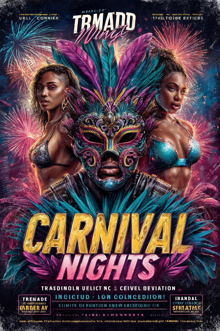 High-energy Caribbean carnival flyer, radiant fireworks, feathered carnival masks, bold metallic carnival lettering, vivid costumes, glowing neon atmosphere, ultra-sharp detail with sparkling highlights, vibrant chromatic contrast designed for large-format metallic print
