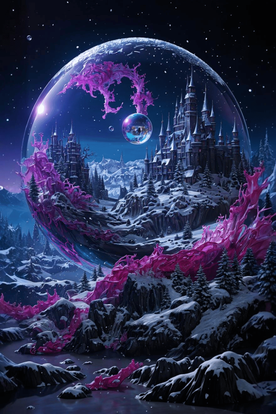 Fantasy winter castle encased in a cosmic sphere, glowing magenta energy streams winding through snowy mountains, crystalline snow textures, sharp gothic spires, luminous starry sky, cinematic magical contrast, ultra-sharp architectural details designed for reflective metallic print
