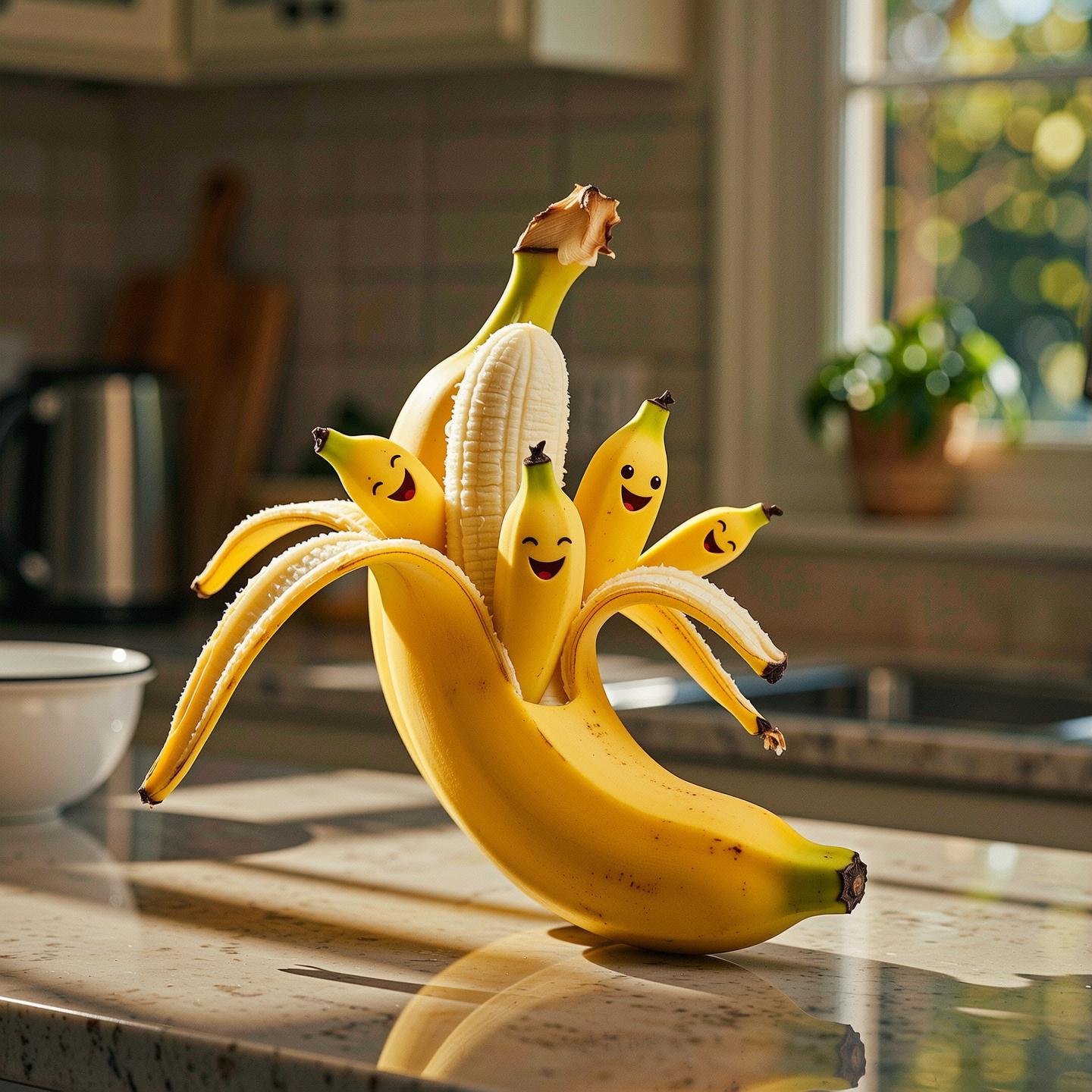 {
  "SHOT COMPOSITION": "Wide shot captured with a 35mm lens on a Canon 5D camera, featuring a shallow depth of field to focus sharply on the central action while softly blurring the background for emphasis.",
  "SUBJECT & WARDROBE": "A large, ripe yellow banana in the foreground dramatically bursting open at its center, splitting into five smaller, adorable baby bananas that are emerging with playful energy, each baby banana having smooth, curved peels and tiny green stems, as if joyfully popping out like newborns.",
  "SCENE SETTING": "Set in a bright, sunny kitchen countertop during midday with natural sunlight streaming in from a nearby window, casting warm highlights and soft shadows, creating a whimsical and vibrant tone.",
  "VISUAL STYLE": "Realistic photographic style with a touch of whimsical animation influence, high-resolution details, vibrant color grading to enhance the yellow hues, and a slight grain texture for a lively, engaging feel."
}