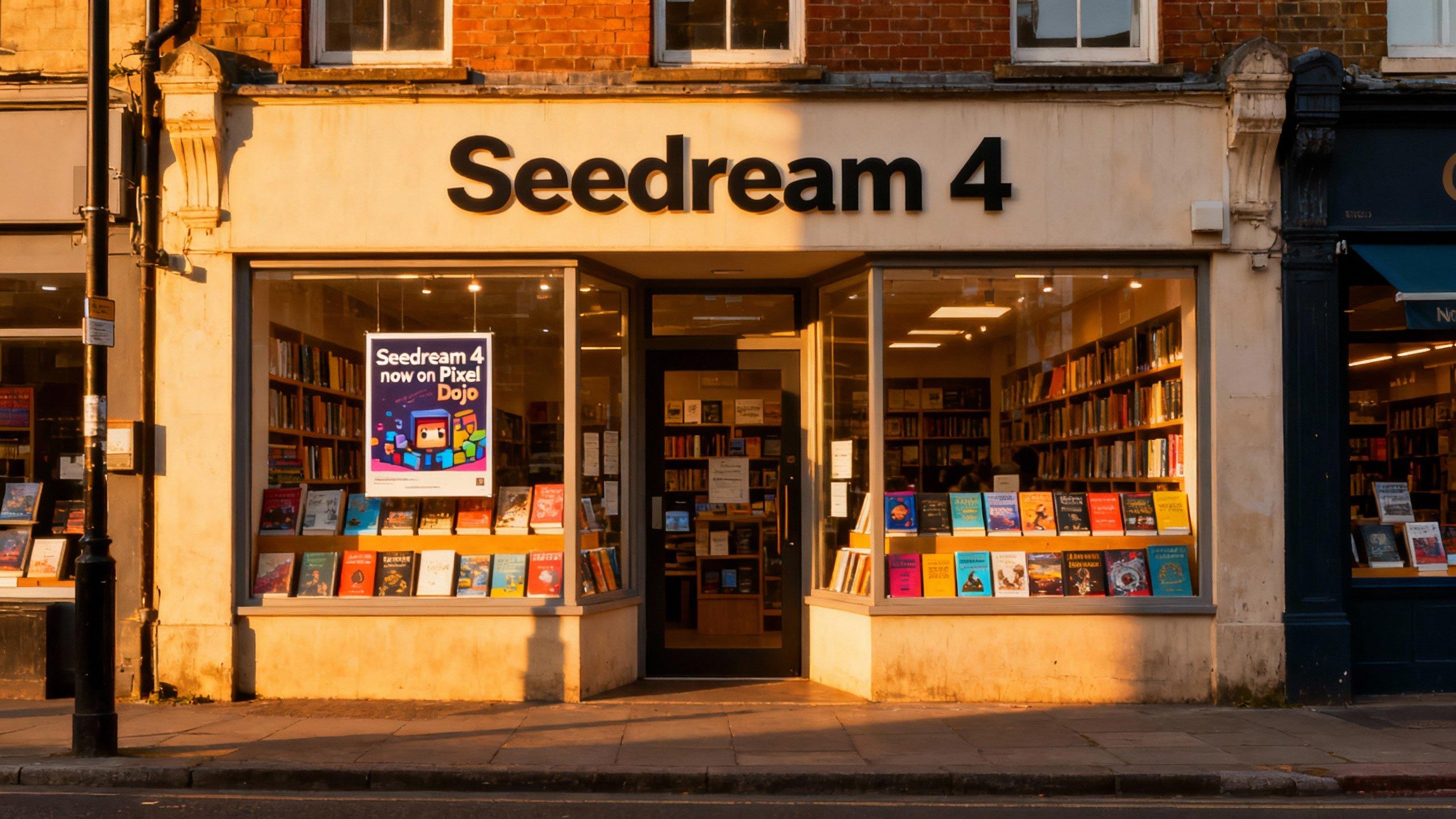 a photo of a store front called "Seedream 4", it sells books, a poster in the window says "Seedream 4 now on Pixel Dojo"