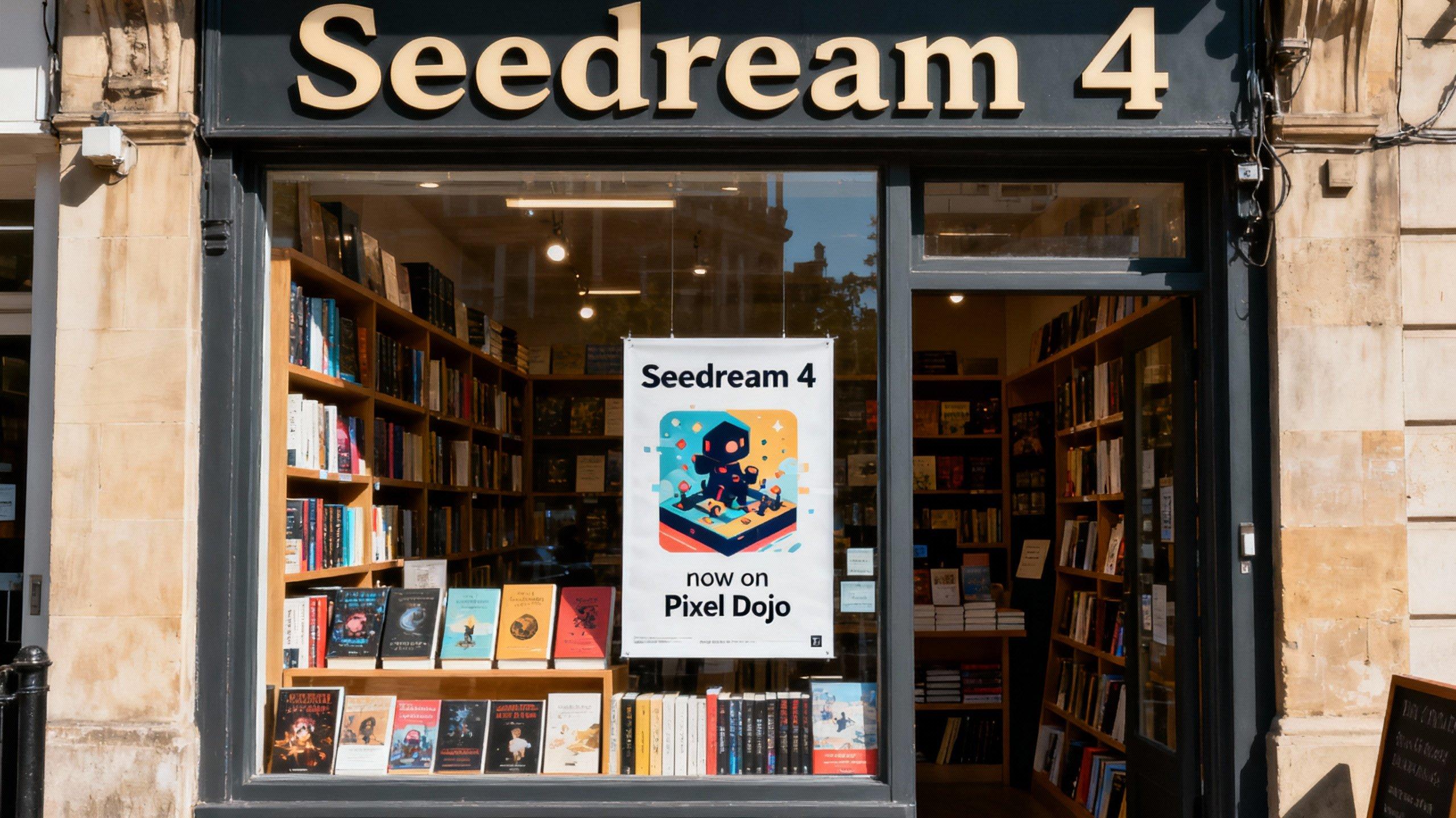 a photo of a store front called "Seedream 4", it sells books, a poster in the window says "Seedream 4 now on Pixel Dojo"