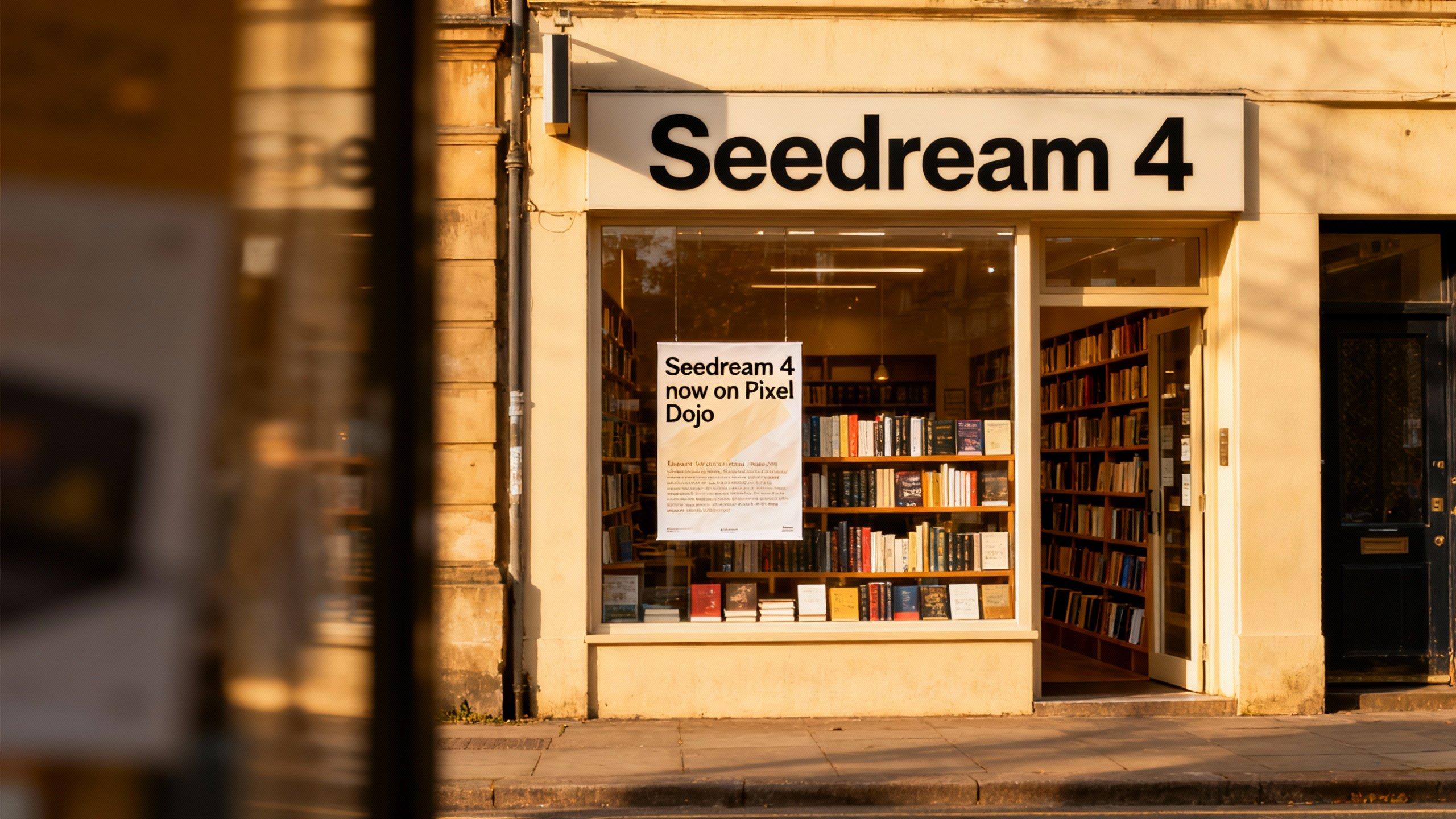 a photo of a store front called "Seedream 4", it sells books, a poster in the window says "Seedream 4 now on Pixel Dojo"