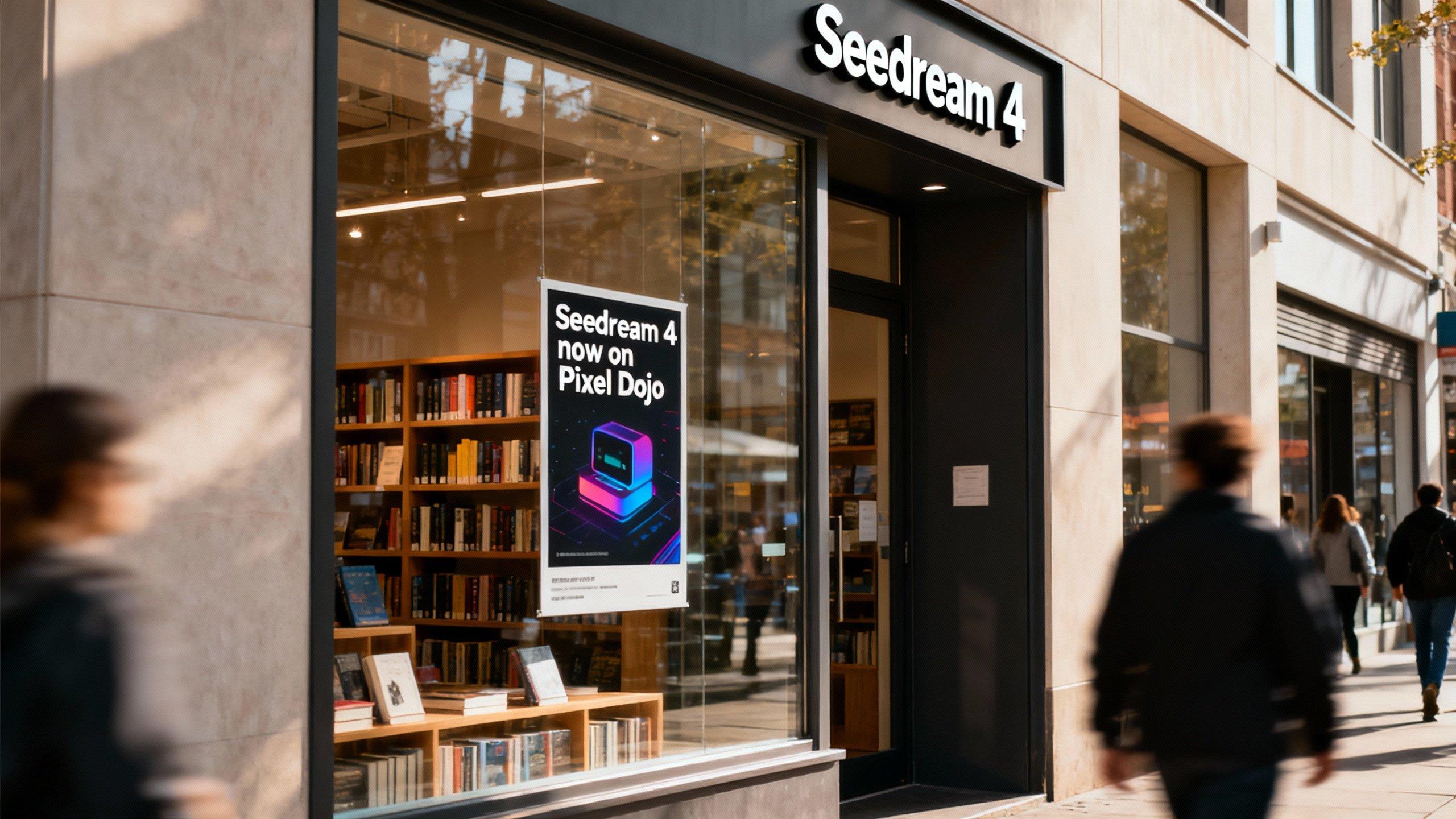 a photo of a store front called "Seedream 4", it sells books, a poster in the window says "Seedream 4 now on Pixel Dojo"