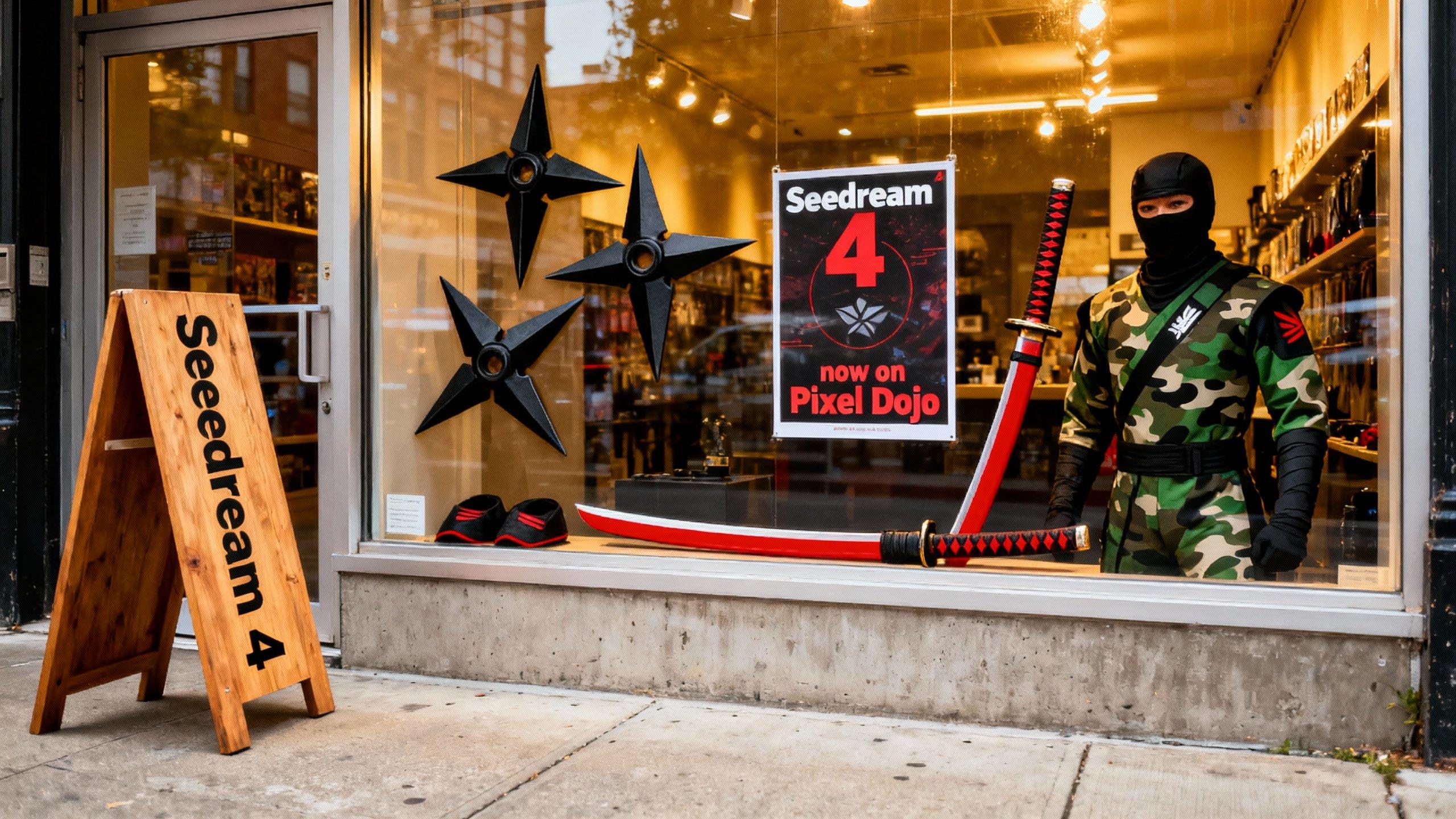 a photo of a store front called "Seedream 4", it sells ninja equipment. a poster in the window says "Seedream 4 now on Pixel Dojo"
