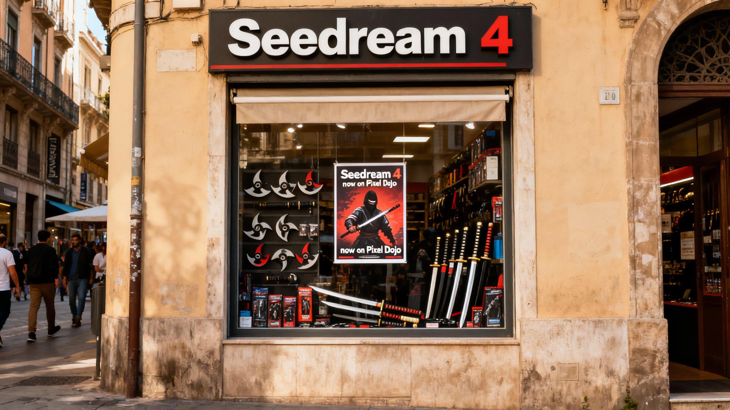 a photo of a store front called "Seedream 4", it sells ninja equipment. a poster in the window says "Seedream 4 now on Pixel Dojo"
