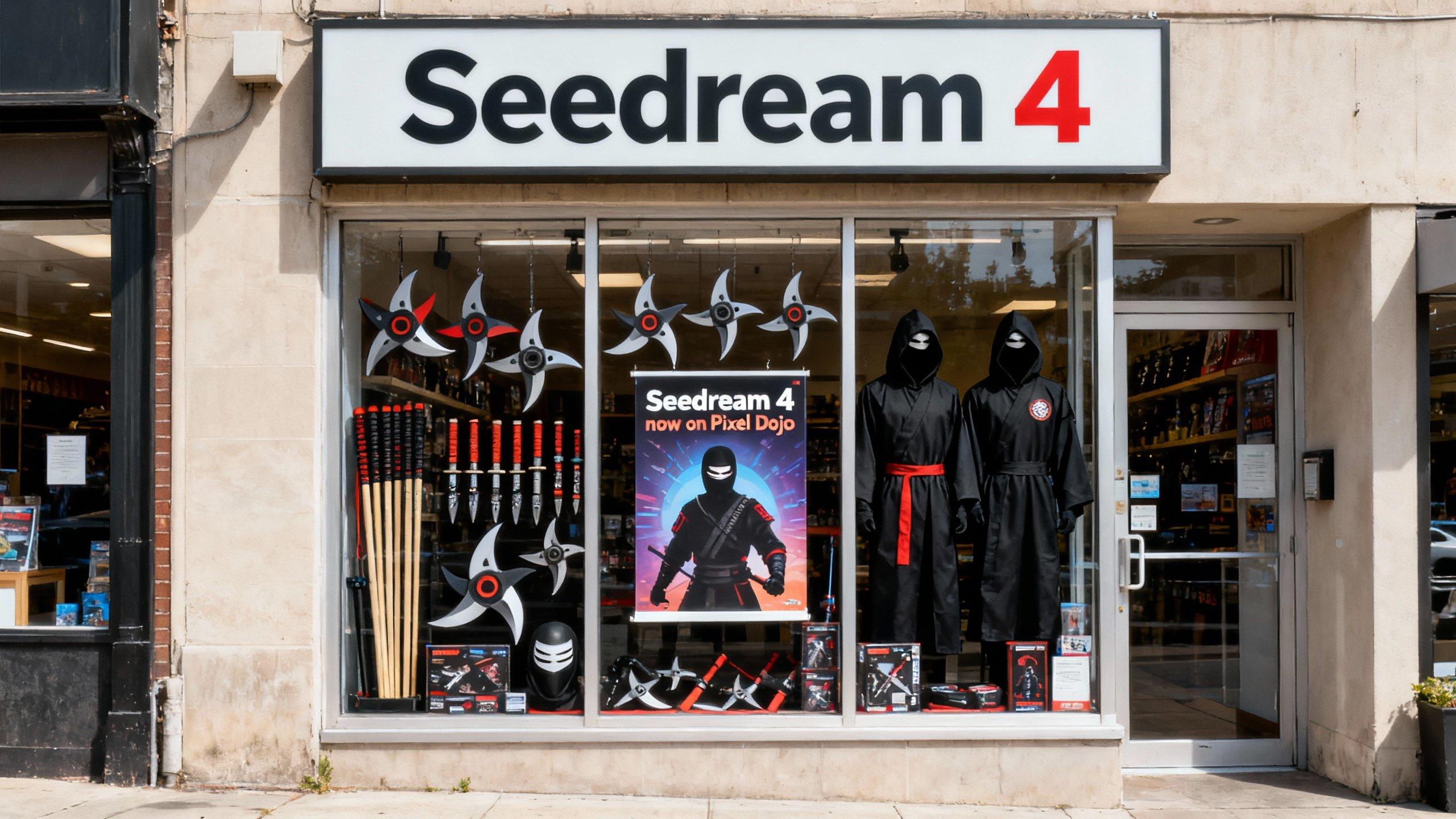 a photo of a store front called "Seedream 4", it sells ninja equipment. a poster in the window says "Seedream 4 now on Pixel Dojo"