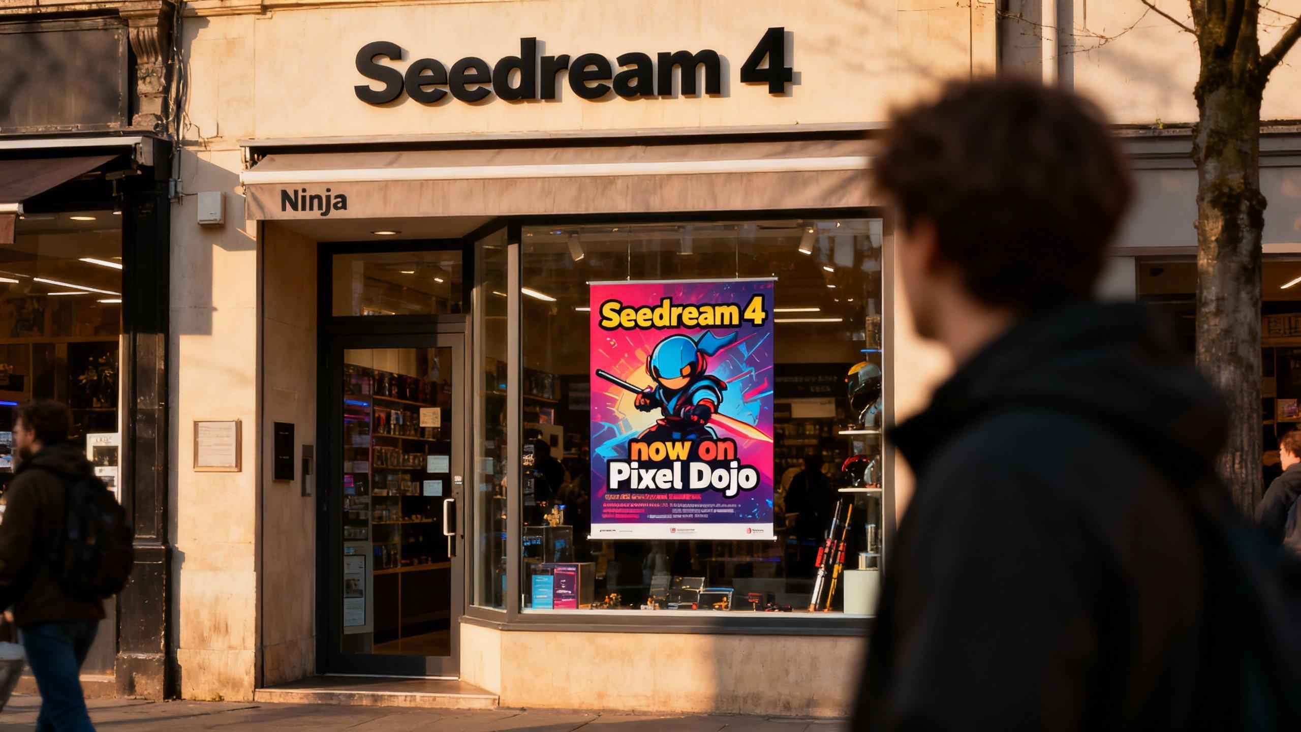 a photo of a store front called "Seedream 4", it sells ninja equipment. a poster in the window says "Seedream 4 now on Pixel Dojo"