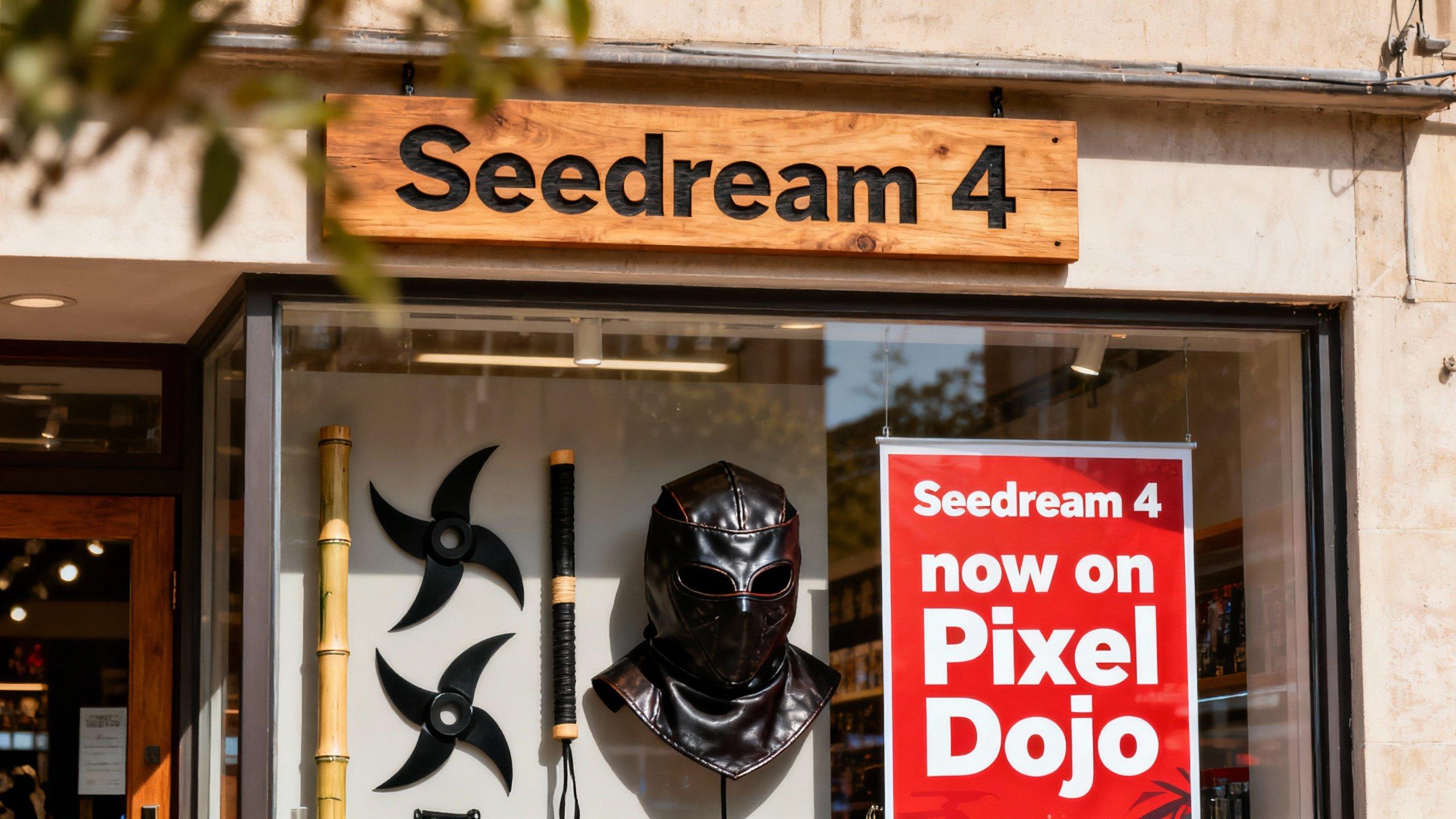 a photo of a store front called "Seedream 4", it sells ninja equipment. a poster in the window says "Seedream 4 now on Pixel Dojo"