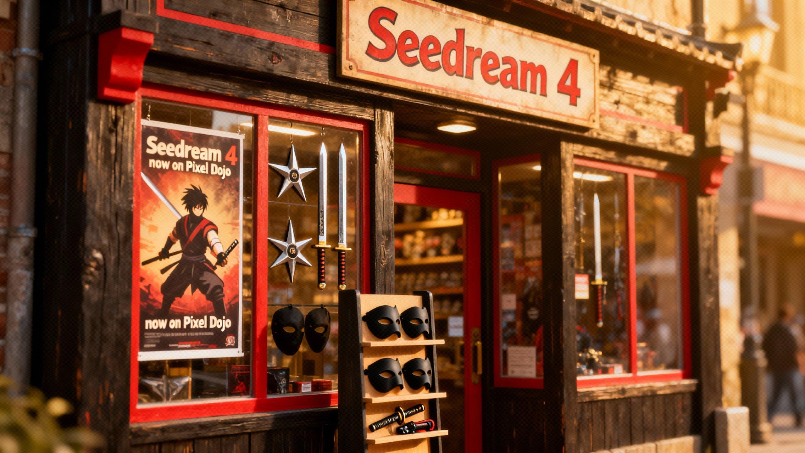 a photo of a store front called "Seedream 4", it sells ninja equipment. a poster in the window says "Seedream 4 now on Pixel Dojo"