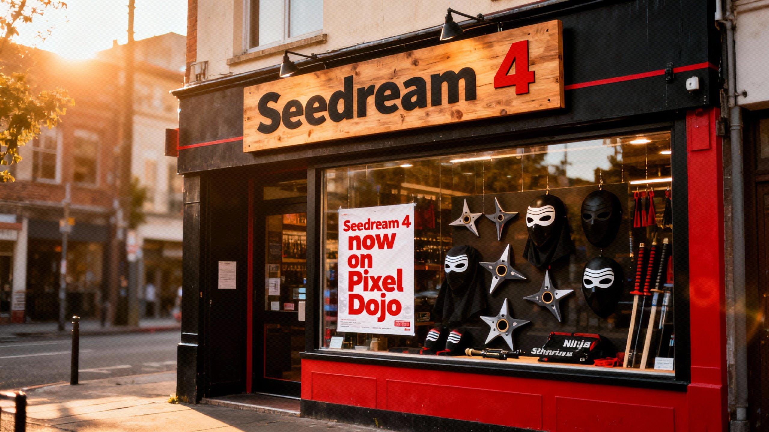 a photo of a store front called "Seedream 4", it sells ninja equipment. a poster in the window says "Seedream 4 now on Pixel Dojo"