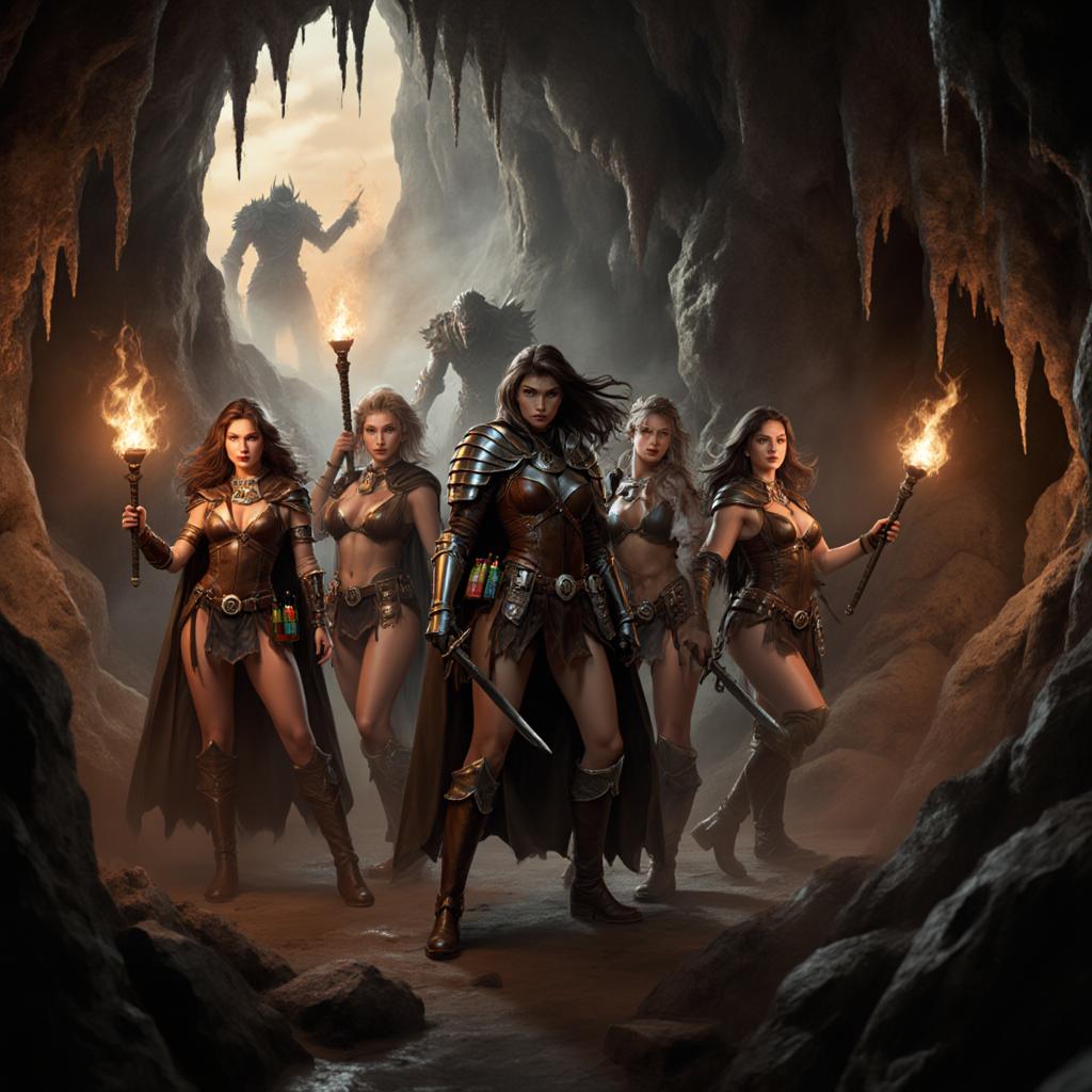 {
  "SHOT COMPOSITION": "Wide shot captured with a 35mm lens on a Canon 5D, emphasizing the group in the foreground with a deep depth of field to reveal intricate cavern details and lurking shadows in the background, HD 8K resolution for sharp, masterpiece quality.",
  "SUBJECT & WARDROBE": "A group of sexy female adventurers in solo focus as the central element, each with athletic builds, confident expressions, and distinctive features like flowing hair and determined eyes, dressed in form-fitting leather armor, cloaks, boots, and accessories like belts with potions and daggers, posing dynamically as they explore with torches and weapons drawn.",
  "SCENE SETTING": "Inside a spooky, dimly lit cavern from a Dungeons and Dragons adventure, with jagged rock formations, dripping stalactites, and eerie mist at golden hour twilight filtering through cracks, creating dramatic shadows where monstrous figures lurk subtly in the background, evoking a tense and mysterious tone.",
  "VISUAL STYLE": "Vintage illustration style, award-winning masterpiece with intricate details, grainy texture reminiscent of classic fantasy art, vibrant yet muted color grading for a nostalgic, immersive feel, SFW and highly detailed throughout."
}