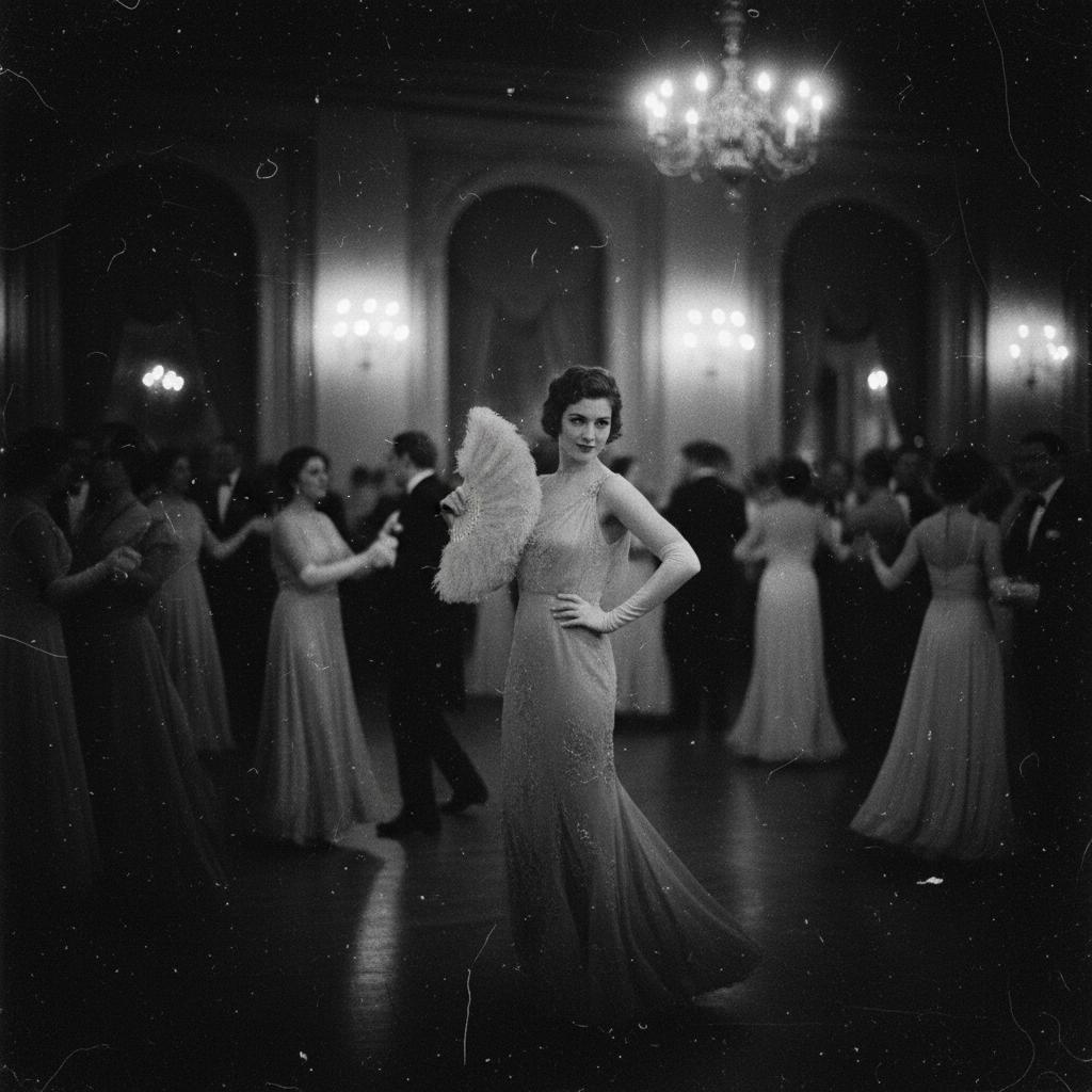 paparazzi photo, action, documentary style 1930s \(style\), Fill Lighting, Ilford HP5 Plus, realist detail, ue5, detailed character expressions, amazing quality, wallpaper, analog film grain, Establishing shot, Practical Lighting, Photoshop, analog film photo cinematic film still, shallow depth of field, vignette, highly detailed, high budget Hollywood film, bokeh, cinemascope, moody, epic, gorgeous, film grain, faded film, desaturated, 35mm photo, grainy, vintage, Kodachrome, Lomography, stained, found footage, elegant woman, 20 years old, posing , ballroom