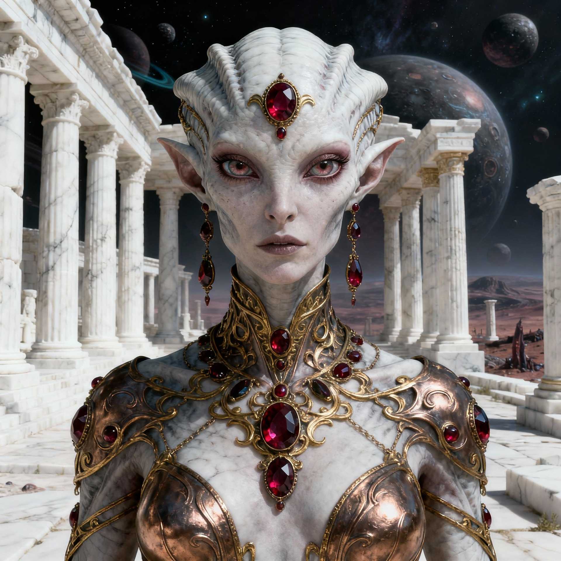 masterpiece, best quality, highres, sharp image, more detail, Upper body portrait, in the style of dark white and light bronze, gold filigree, fierce alien priestess female on an alien planet, adorned with garnet and bloodstone gemstones, standing in ancient white marble temple, by Brian Froud and Heather Theurer, extremely detailed head and face, very realistic and symmetrical eyes, (eye contact with viewer), hyper detailed, hyper quality, artstation award winner, Epic realism, meticulous masterpiece