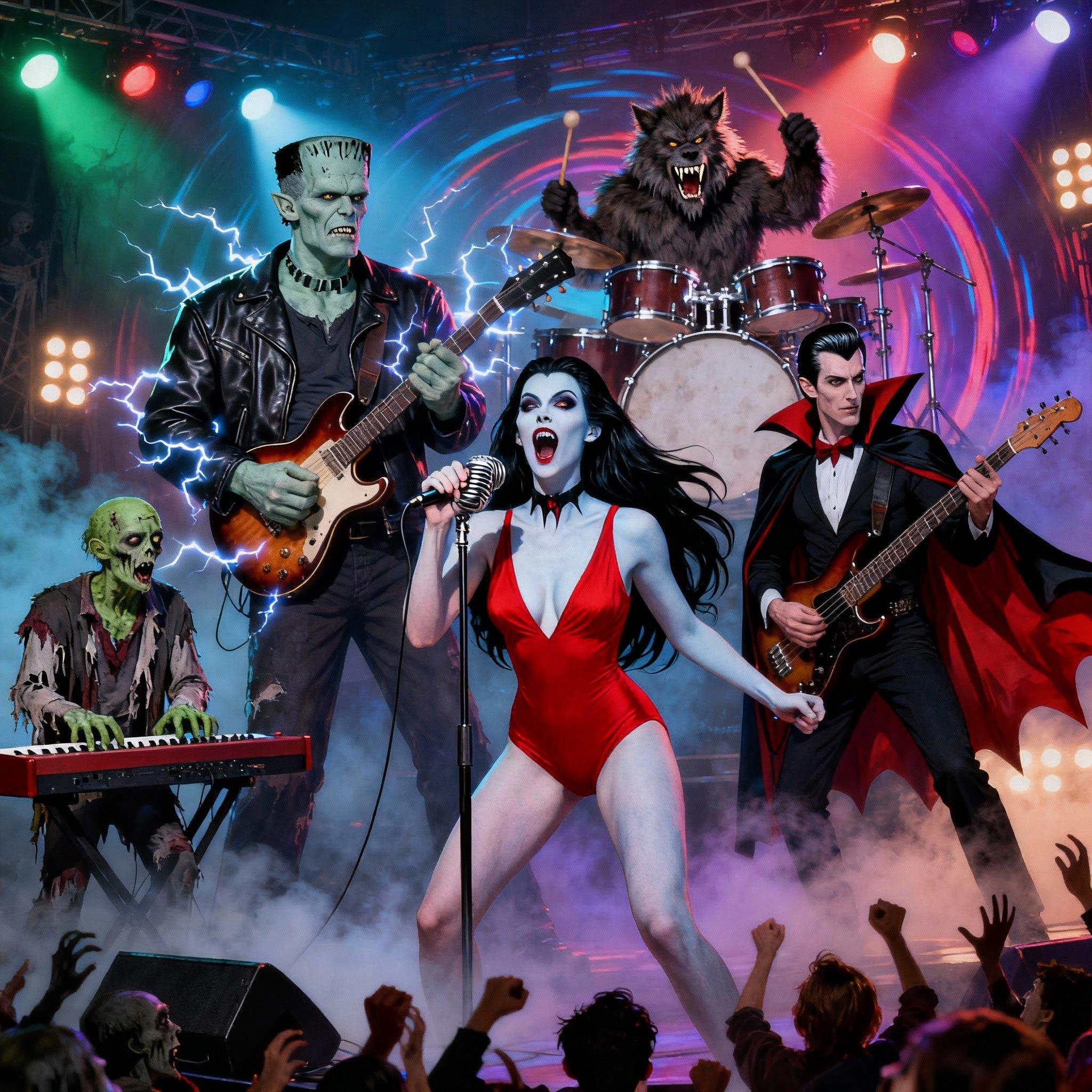 women in peril, RAL-ERTMSPHR, A dynamic rock and roll band featuring iconic monsters from 1960s horror films, set on a lively stage drenched in vibrant colored lights. In the foreground, a charismatic female vampire lead singer, with striking pale skin, long flowing black hair, and wearing a red one piece swimsuit with a plunging neckline, passionately grips a vintage microphone. Beside her, a towering Frankenstein, clad in a leather jacket, skillfully plays an electric guitar, his bolts flickering with energy. Behind them, the Wolfman bangs on a massive drum set, his wild fur and sharp fangs exuding raw energy. To the side, a suave Dracula with slicked-back hair stands poised with a bass guitar, his cape flowing dramatically. Completing the band, a disheveled zombie on keyboard, with a greenish pallor and tattered clothing, adds a quirky vibe. The backdrop features a smoky atmosphere with swirling lights and an audience of screaming fans, all adding to the electrifying and playful rock concert mood, channeling both nostalgia and excitement.