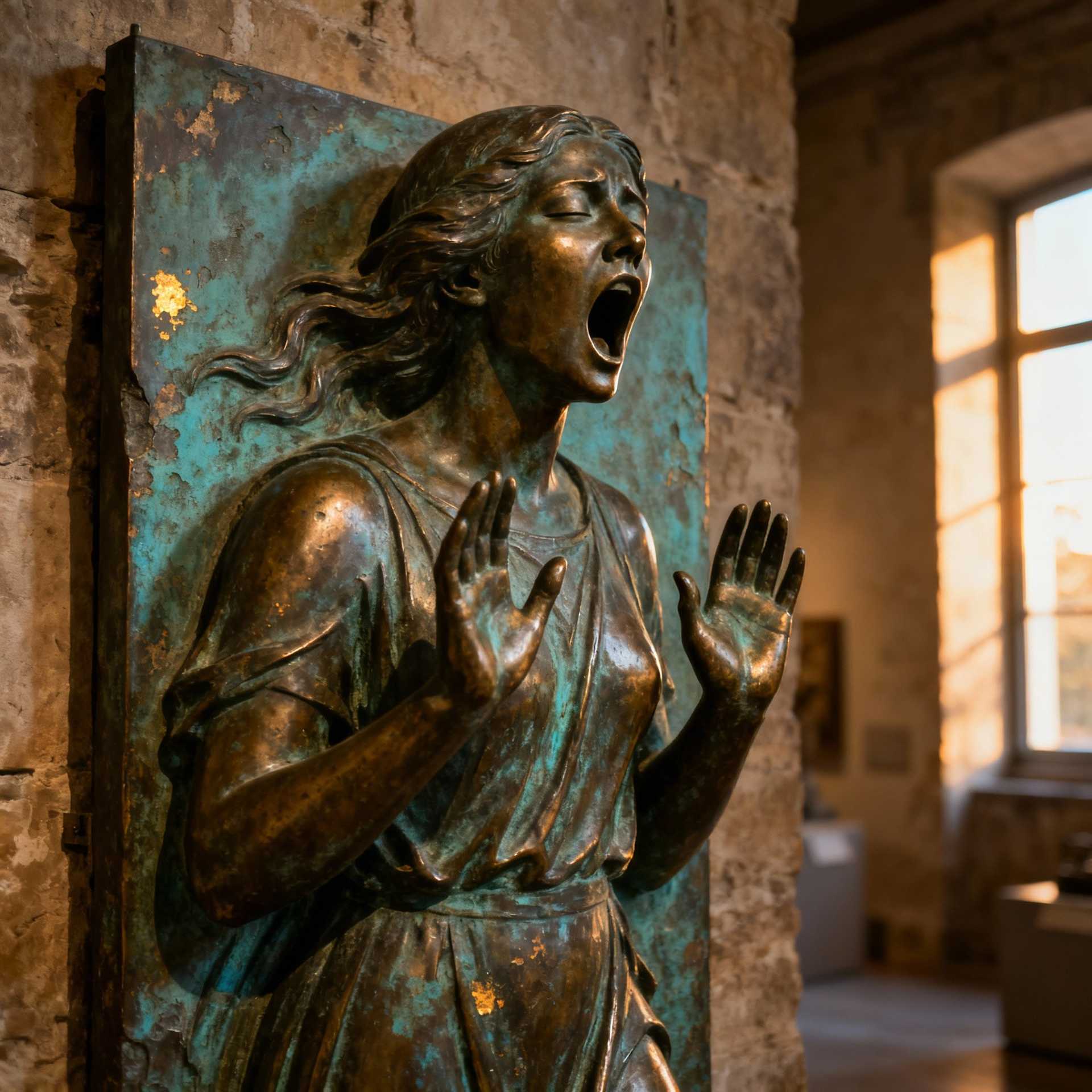 {
  "SHOT COMPOSITION": "A close-up shot of the bronze bas-relief sculpture, captured with a 50mm lens on a Canon 5D camera, featuring a shallow depth of field to emphasize the intricate details and textures while softly blurring the background.",
  "SUBJECT & WARDROBE": "The sculpture depicts a woman in a dramatic defensive pose, her hands raised protectively in front of her, mouth wide open in a silent scream, and eyes tightly closed in an expression of intense emotion; she appears timeless, with flowing hair and simple draped clothing implied in the relief style.  The statue is a full length bas-relief of the entire woman",
  "SCENE SETTING": "The sculpture is mounted on an ancient stone wall in a dimly lit museum gallery during late afternoon, with subtle natural light filtering through a nearby window, casting gentle shadows that highlight the weathered patina and worn bright spots on the bronze surface.",
  "VISUAL STYLE": "Rendered in a realistic, high-fidelity style with a vintage patina effect, incorporating subtle grain texture and warm color grading to evoke the aged authenticity of historical bronze artwork, ensuring the bright worn areas gleam subtly against the oxidized green-blue tones."
}