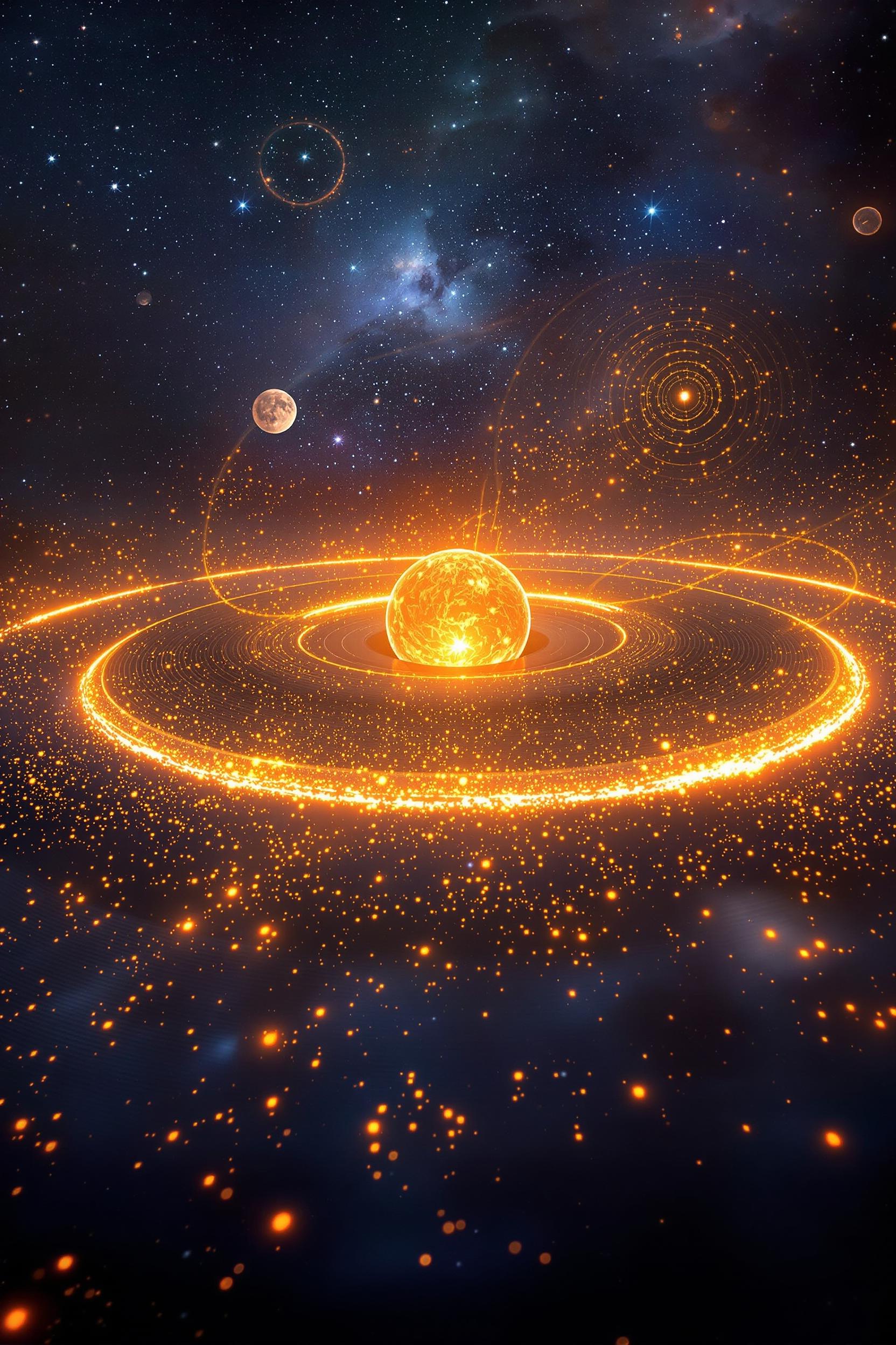 {
  "SHOT COMPOSITION": "Wide shot captured with a 24mm wide-angle lens on a Sony A7S III camera, emphasizing the vast cosmic scale with deep depth of field to showcase orbiting elements in sharp detail against the infinite void.",
  "SUBJECT & WARDROBE": "A vintage turntable reimagined as a rotating planet at the center, its tonearm extending like a sleek orbital station; surrounding it, vinyl records orbit like ethereal moons with glowing, luminescent grooves pulsing with energy; shadowy jazz silhouettes composed of swirling stardust dance in the foreground, their trumpet shapes erupting in brilliant solar flares.",
  "SCENE SETTING": "Set in the deep cosmos during an eternal night, illuminated by warm amber highlights contrasting against deep blues and purples of interstellar nebulae, creating a mystical and immersive atmosphere where music and space intertwine.",
  "VISUAL STYLE": "Surreal abstract aesthetic with tactile textures on the turntable's surface and crisp typography floating in space labeling 'Music Energy', 'Cosmic Realms', and 'Abstract Power'; vibrant color grading with glowing effects, grainy cosmic texture for a cinematic, otherworldly feel --ar
