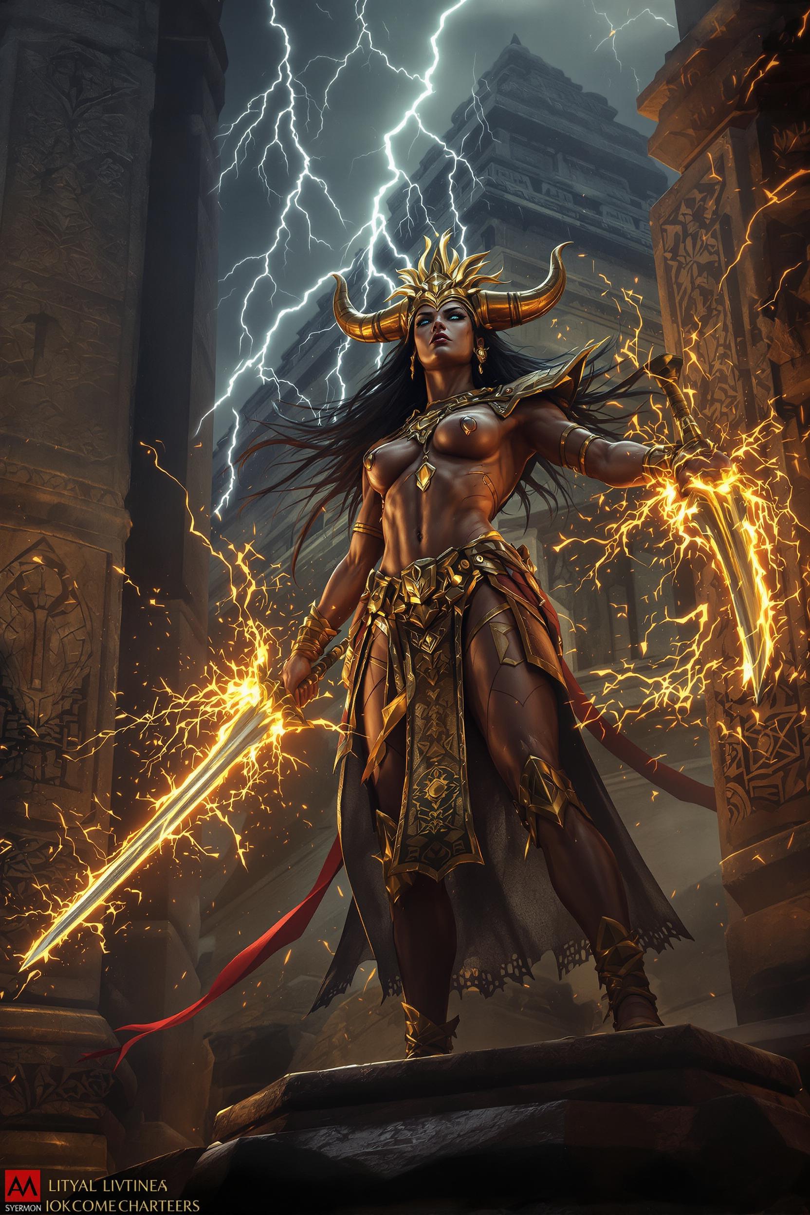Storm-lit warrior-queen crowned with bronze thunder-horns, twin scimitars crackling with ember-light; basalt temple ruins, carved Yoruba motifs, banners whipping; chiaroscuro lightning, ember sparks, weathered metals, sculpted anatomy; epic mid-shot, mythic gravitas — --ar 2:3 --v 7 --exp 38
Labels: Myth & Legends, Afrofuturism, Fantasy Worlds