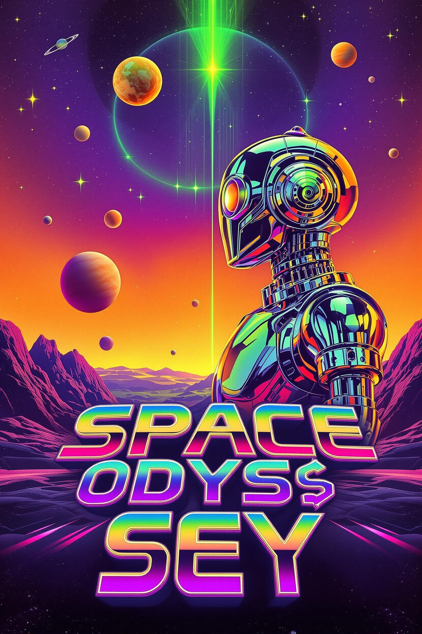 Create a psychedelic 70s science fiction poster with a chrome robot against a cosmic background of
purple, orange, and electric green gradients. Include retro-futuristic typography with “SPACE ODYS‐
SEY” in metallic chrome letters. Composition features dramatic perspective with planets and stars.
Perfect for gaming rooms and modern apartments. Bold colors and metallic elements ideal for glossy
metal printing.