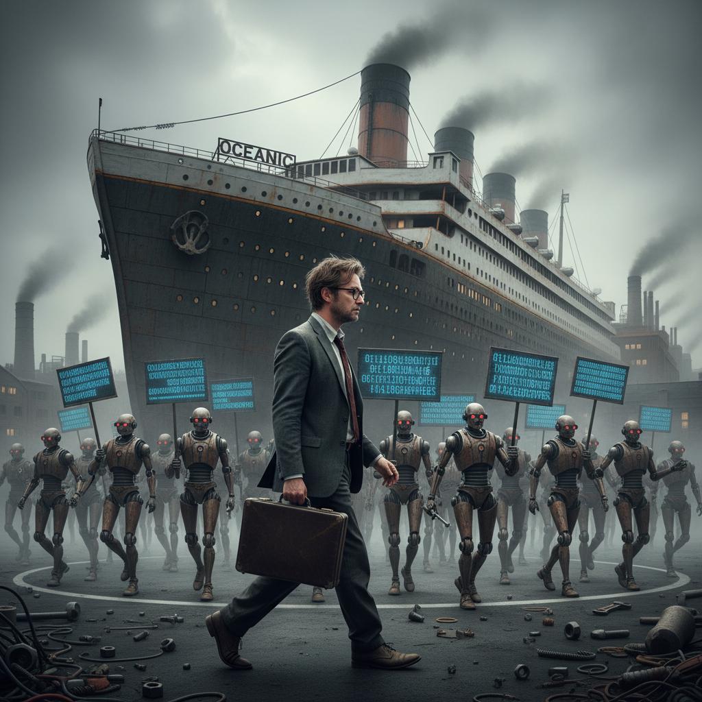 "he walks unhindered through the picket line today. He doesn't think to wonder why", featuring a mid-40s weary father with tousled brown hair and glasses in a rumpled suit, walking across the image, in the background, a picket line of robots outside the factory shaped like the Titanic, the robots holding signs with sayings in binary code'