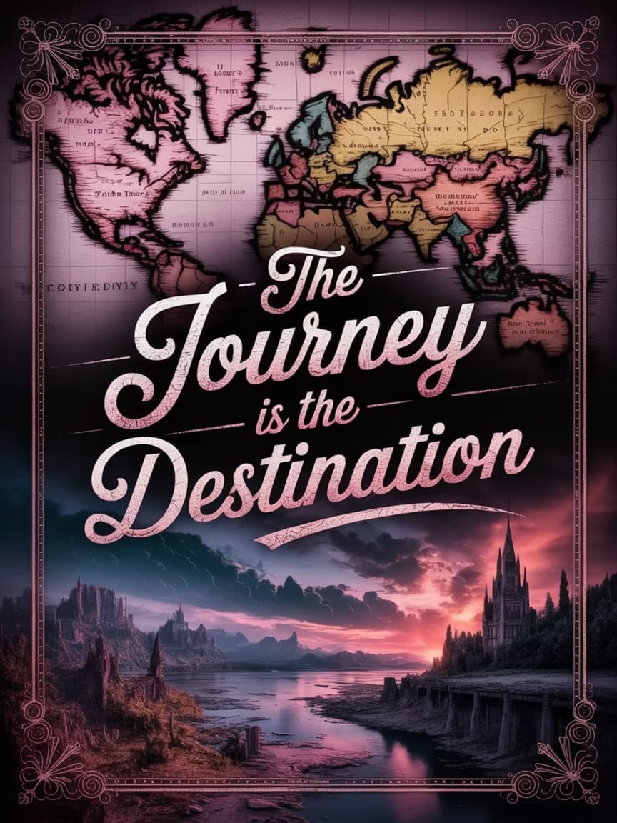 Design a motivational poster with "The Journey Is The Destination" in elegant script and serif combina- tion fonts over a vintage map background in sepia tones with gold accents. Composition uses classic book layout principles with decorative borders. Ideal for studies, travel-themed rooms, and traditional home decor. Vintage aesthetic pairs beautifully with metal’s timeless appeal --chaos 30 --ar 2:3 --raw --profile j2qtt7j --stylize 500Design a motivational poster with "The Journey Is The Destination" in elegant script and serif combina- tion fonts over a vintage map background in sepia tones with gold accents. Composition uses classic book layout principles with decorative borders. Ideal for studies, travel-themed rooms, and traditional home decor. Vintage aesthetic pairs beautifully with metal’s timeless appeal --chaos 30 --ar 2:3 --raw --profile j2qtt7j --stylize 500