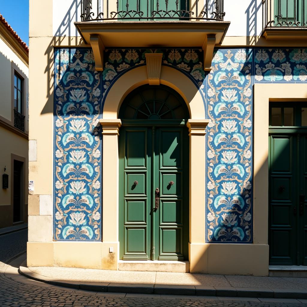 Shot composition: Medium shot from a street-level perspective centering on an ornate Portuguese doorway, framed symmetrically to highlight its architectural details, captured with a 35mm lens for balanced depth and context.
Scene setting: A narrow cobblestone alley in historic Lisbon at midday, bathed in bright Mediterranean sunlight with dappled shadows from nearby overhanging balconies, creating a warm and inviting atmosphere rich in cultural heritage.
Subject and wardrobe: The focal subject is a traditional Portuguese doorway adorned with intricate blue-and-white azulejo tiles, featuring a weathered wooden door with wrought-iron hinges and a small arched transom window, exuding timeless elegance and subtle patina from age.
Camera movement: none
Visual style: Photorealistic aesthetic with a warm color grade emphasizing azure blues and earthy tones, accented by fine film grain for a vintage postcard-like authenticity.