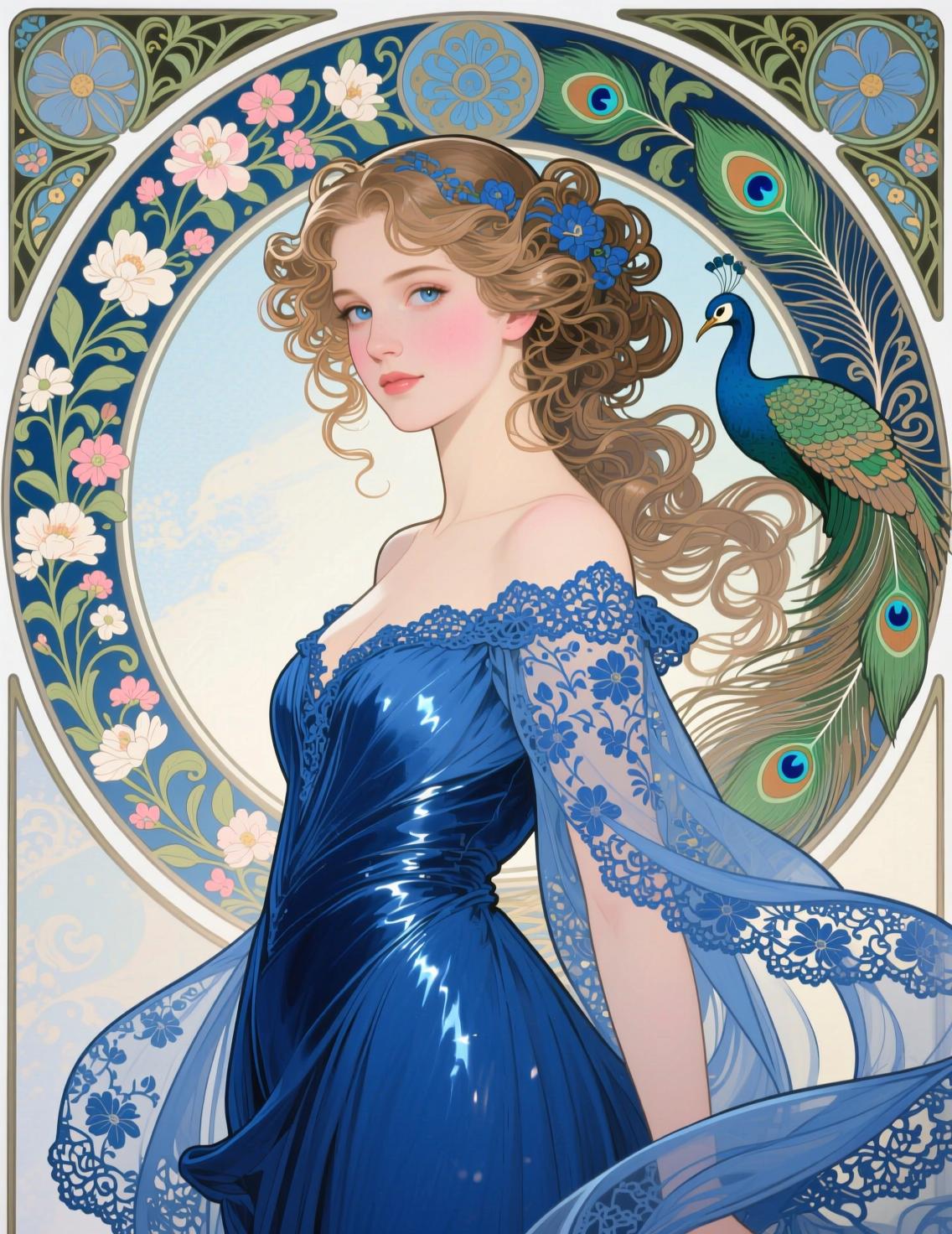 Instagirl masterpiece, best quality, highres, sharp image, more detail, In the style of Alphonse Mucha, paint a stunning portrait of a captivating 20-year-old woman exuding an air of elegance and allure. Her hair is styled in intricate, flowing locks, framing her delicate features. She wears a **flowing blue gown** with delicate lace and floral patterns, emphasizing her youthful beauty and sophistication. The gown's fabric should shimmer subtly, reflecting the light in a way that enhances her figure.

**Visual Details:**
- The gown's color is a deep, rich blue, creating a striking contrast with her fair skin and the lighter tones of the background.
- Her eyes should sparkle with a hint of mystery, perhaps in a shade that complements the gown, like a soft sapphire blue or a deep emerald green.
- The texture of her skin should be smooth and luminous, with a slight blush on her cheeks to add to her natural beauty.

**Composition:**
- Position her in a three-quarter view, slightly turned towards the viewer, allowing the gown to cascade around her, creating dynamic lines that lead the eye.
- She is set against a **circular frame** that mimics the decorative borders typical in Mucha's work, with intricate Art Nouveau patterns and motifs like flowers, vines, and peacock feathers.

**Lighting and Atmosphere:**
- Use soft, diffused lighting to give the painting a dreamlike quality, with the light source subtly highlighting her features and the gown's contours.
- The background should transition from darker shades to lighter, creating depth and placing the focus on her.

**Mood:**
- The overall mood should be one of serene beauty and timeless charm, capturing the essence of Mucha's romanticism with an undercurrent of sensuality.

**Technical Aspects:**
- Employ Mucha's signature techniques like delicate line work, pastel colors, and intricate detailing in both the gown and background patterns.
- Use a shallow depth of field to keep the focus on her, with the background elements slightly blurred yet still visible, creating a harmonious blend of foreground and background.