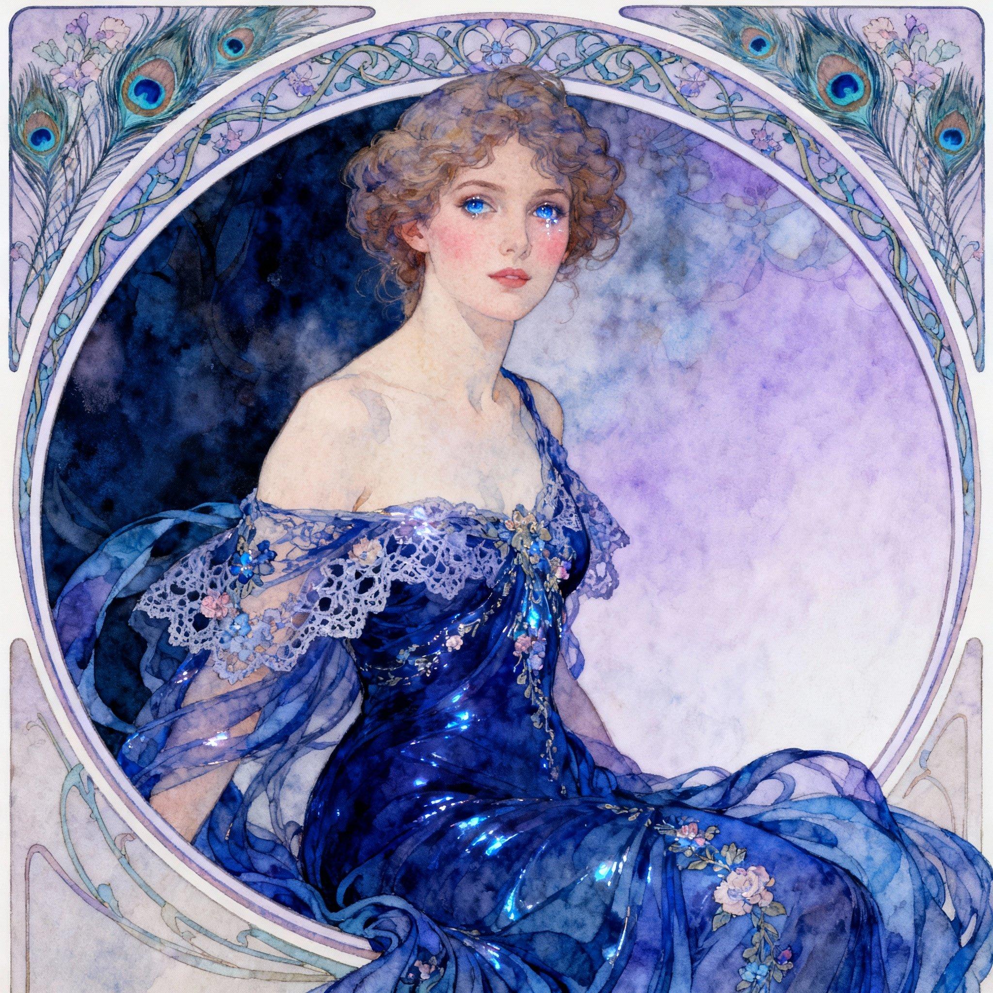 Instagirl masterpiece, best quality, highres, sharp image, more detail, In the style of Alphonse Mucha, paint a stunning portrait of a captivating 20-year-old woman exuding an air of elegance and allure. Her hair is styled in intricate, flowing locks, framing her delicate features. She wears a **flowing blue gown** with delicate lace and floral patterns, emphasizing her youthful beauty and sophistication. The gown's fabric should shimmer subtly, reflecting the light in a way that enhances her figure.

**Visual Details:**
- The gown's color is a deep, rich blue, creating a striking contrast with her fair skin and the lighter tones of the background.
- Her eyes should sparkle with a hint of mystery, perhaps in a shade that complements the gown, like a soft sapphire blue or a deep emerald green.
- The texture of her skin should be smooth and luminous, with a slight blush on her cheeks to add to her natural beauty.

**Composition:**
- Position her in a three-quarter view, slightly turned towards the viewer, allowing the gown to cascade around her, creating dynamic lines that lead the eye.
- She is set against a **circular frame** that mimics the decorative borders typical in Mucha's work, with intricate Art Nouveau patterns and motifs like flowers, vines, and peacock feathers.

**Lighting and Atmosphere:**
- Use soft, diffused lighting to give the painting a dreamlike quality, with the light source subtly highlighting her features and the gown's contours.
- The background should transition from darker shades to lighter, creating depth and placing the focus on her.

**Mood:**
- The overall mood should be one of serene beauty and timeless charm, capturing the essence of Mucha's romanticism with an undercurrent of sensuality.

**Technical Aspects:**
- Employ Mucha's signature techniques like delicate line work, pastel colors, and intricate detailing in both the gown and background patterns.
- Use a shallow depth of field to keep the focus on her, with the background elements slightly blurred yet still visible, creating a harmonious blend of foreground and background.