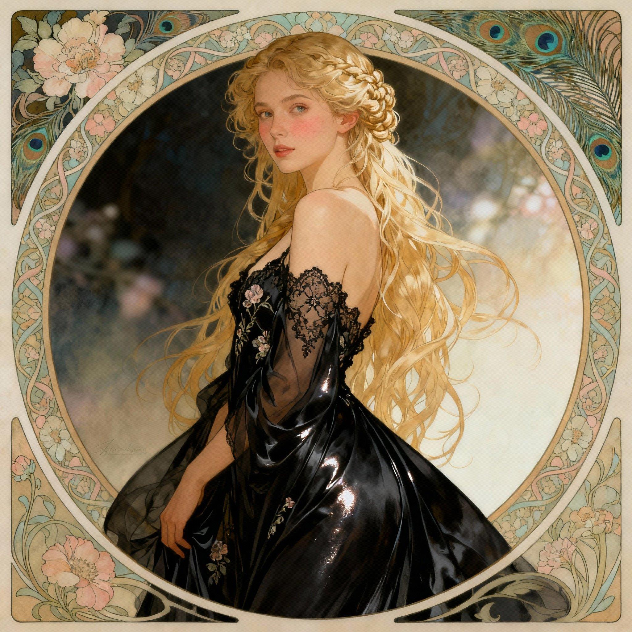Instagirl masterpiece, best quality, highres, sharp image, more detail, In the style of Alphonse Mucha, paint a stunning portrait of a captivating 20-year-old woman exuding an air of elegance and allure. Her very long blonde hair is styled in intricate, flowing locks, framing her delicate features. She wears a **flowing black gown** with delicate lace and floral patterns, emphasizing her youthful beauty and sophistication. The gown's fabric should shimmer subtly, reflecting the light in a way that enhances her figure.  Her skin is tanned, a subtle color. 

**Visual Details:**
- The gown's color is a deep, rich silky black, creating a striking contrast with her tanned skin and the lighter tones of the background.

- The texture of her skin should be smooth and luminous, with a slight blush on her cheeks to add to her natural beauty.

**Composition:**
- Position her in a three-quarter view, slightly turned towards the viewer, allowing the gown to cascade around her, creating dynamic lines that lead the eye.
- She is set against a **circular frame** that mimics the decorative borders typical in Mucha's work, with intricate Art Nouveau patterns and motifs like flowers, vines, and peacock feathers.

**Lighting and Atmosphere:**
- Use soft, diffused lighting to give the painting a dreamlike quality, with the light source subtly highlighting her features and the gown's contours.
- The background should transition from darker shades to lighter, creating depth and placing the focus on her.

**Mood:**
- The overall mood should be one of serene beauty and timeless charm, capturing the essence of Mucha's romanticism with an undercurrent of sensuality.

**Technical Aspects:**
- Employ Mucha's signature techniques like delicate line work, pastel colors, and intricate detailing in both the gown and background patterns.
- Use a shallow depth of field to keep the focus on her, with the background elements slightly blurred yet still visible, creating a harmonious blend of foreground and background.