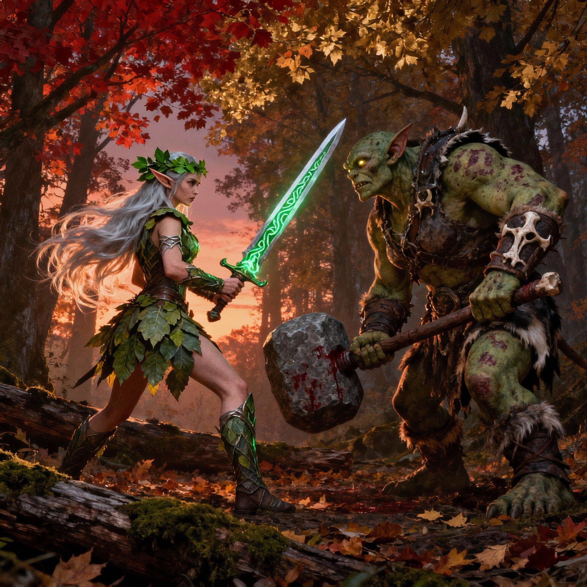 An epic fantasy battle scene featuring an **Elf Warrior Maiden** and a **Large Female Goblin**:

- **Elf Warrior Maiden**: She stands valiantly, her **silvery hair** flowing in the wind, **elven armor** adorned with intricate leaf patterns reflecting the light of the setting sun. Her eyes are fierce, filled with determination. She wields an **elegant longsword** with **elvish runes** etched into the blade, its metal shimmering with a subtle green glow. Her stance is poised, ready for combat, with **vibrant green leaves** subtly woven into her hair for camouflage.

- **Large Female Goblin**: She is imposing, with **tough, leathery skin** that has a slight greenish hue, **battle scars** marring her face, telling tales of past fights. Her **muscular frame** is adorned with **crude, makeshift armor** made from bones and animal hide, giving her a wild, ferocious look. She wields a **massive war hammer**, its head crudely carved from stone, stained with the blood of previous battles. Her eyes gleam with cunning and malice, ready to strike with brute force.

- **Setting**: The battle takes place in a **dense forest** at **dusk**, with the last rays of the sun casting long shadows through the trees, creating a **moody, atmospheric light**. The forest floor is littered with **fallen leaves** and **moss-covered logs**, providing a natural arena for this confrontation. 

- **Visual Details**: The scene is rich with **contrast** between the **delicate beauty** of the elf and the **brutish strength** of the goblin. The **leaves** in the background are in autumnal hues of **red, orange, and gold**, contrasting with the **greens** and **browns** of the forest. The lighting casts **dramatic shadows** and **highlights**, emphasizing the **textures** of the armor and skin.

- **Style**: The image should reflect a **medieval fantasy** style, with a touch of **romanticism** in the portrayal of the elf, juxtaposed against the **primal, almost tribal** depiction of the goblin. 

- **Composition**: The elf is **slightly off-center**, her form framed by the trunks of ancient trees, suggesting a natural symmetry in the forest. The goblin looms large in the foreground, her massive form filling the lower half of the frame, creating a sense of imminent threat. The camera