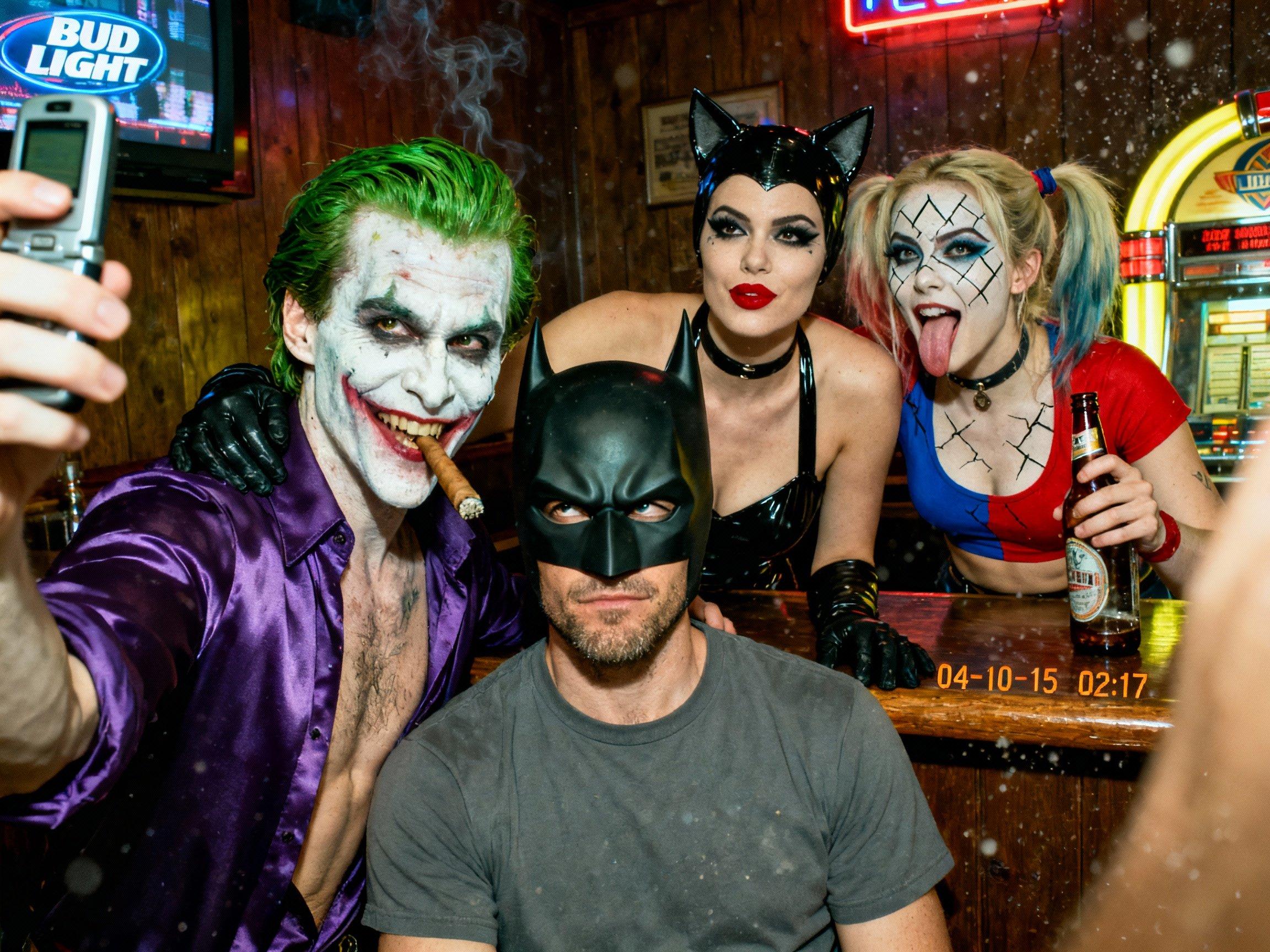 {
 2004 VGA bar-selfie: Joker (smudged white greasepaint, green-tinted slicked hair, purple satin shirt open to chest, lit cigar) holds flip-phone at arm’s length, wide-angle lens slightly tilted. Batman (black cowl, matte finish, visible jaw stubble, grey T-shirt) sits centre, eyes narrowed at lens, one brow raised. Catwoman (black PVC halter, cat-ear headband, smudged eyeliner, red lipstick) leans over bar, gloved hand on Joker’s shoulder. Harley Quinn (red/blue crop top, diamond face paint cracked, pigtails with faded ribbon) pops between them, tongue out, holding a half-empty beer bottle. Background: dim wood-paneled dive bar, Bud Light neon blur, CRT TV static, jukebox glow. Harsh on-camera flash blows highlights, green-yellow white-balance shift, heavy VGA noise, 640×480 pixel stretch, date-stamp ‘04-10-15 02:17’. Mild motion blur on Harley’s bottle, dust specks on lens, finger partially covers corner. --ar 4:5 --style raw",
  "style": "photographic 2004 VGA analog selfie",
  "negative_prompt": "logos, text, extra limbs, smooth skin, HDR, modern phone",
  "output": {
    "format": "jpg",
    "long_edge_px": 1536
  }
}