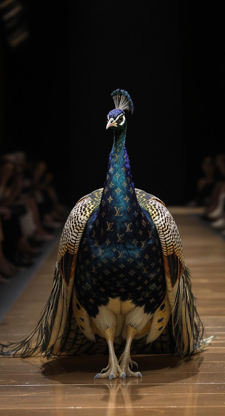 A full-body portrait of a peacock strutting down a luxury fashion runway, its plumage styled in Louis Vuitton monogram patterns. Feathers shimmer in deep chocolate brown, beige, and gold, arranged in symmetric elegance with subtle classic motifs. The atmosphere is regal and minimal, with the bird centered against a dark background and softly lit by warm directional lighting. High fashion meets animal grace.