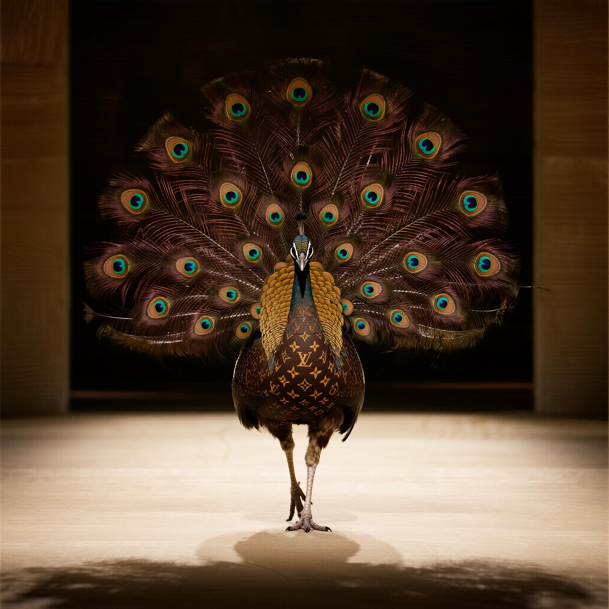 A full-body portrait of a peacock strutting down a luxury fashion runway, its plumage styled in Louis Vuitton monogram patterns. Feathers shimmer in deep chocolate brown, beige, and gold, arranged in symmetric elegance with subtle classic motifs. The atmosphere is regal and minimal, with the bird centered against a dark background and softly lit by warm directional lighting. High fashion meets animal grace.