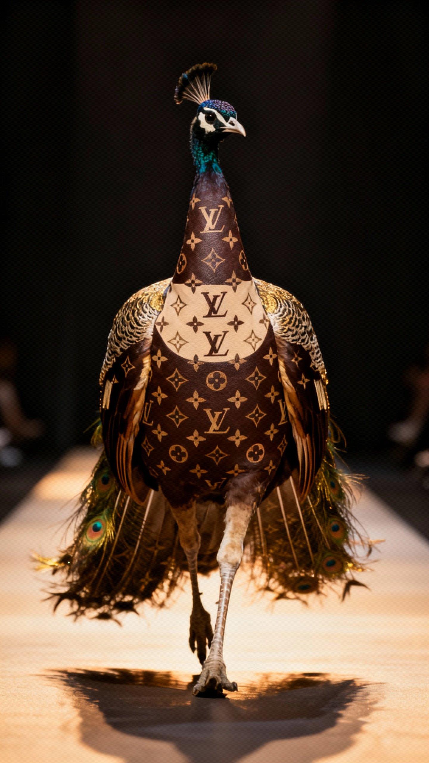 A full-body portrait of a peacock strutting down a luxury fashion runway, its plumage styled in Louis Vuitton monogram patterns. Feathers shimmer in deep chocolate brown, beige, and gold, arranged in symmetric elegance with subtle classic motifs. The atmosphere is regal and minimal, with the bird centered against a dark background and softly lit by warm directional lighting. High fashion meets animal grace.