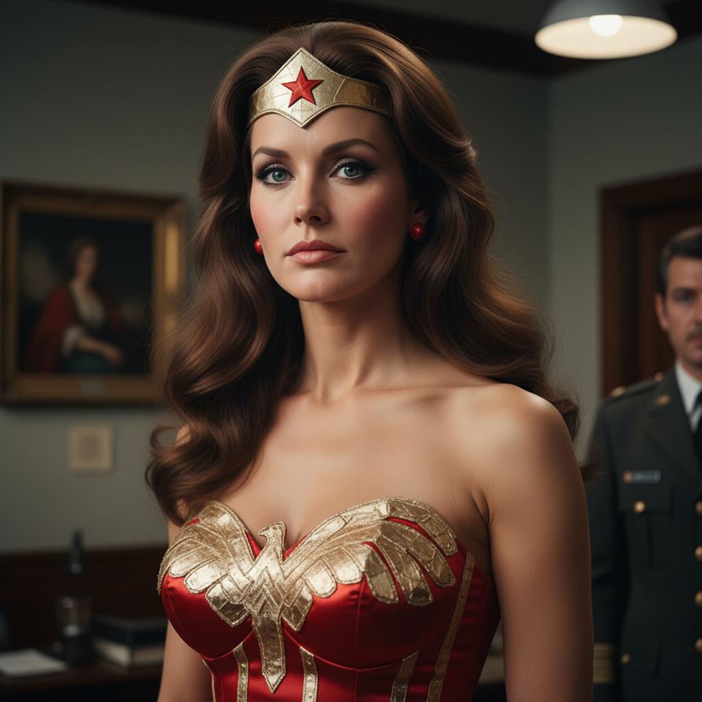 Shot composition: Close-up portrait framing the woman's face and upper body from a slightly low angle to emphasize her heroic stature, captured with an 85mm portrait lens for sharp focus and subtle background compression.
Scene setting: Indoor setting resembling a dimly lit 1970s military office during evening hours, with warm soft lighting from overhead lamps casting gentle shadows and creating a heroic, nostalgic atmosphere.
Subject and wardrobe: A confident woman resembling Lynda Carter as Wonder Woman, with striking blue-green eyes, subtle makeup featuring rosy cheeks and natural lips, long wavy chestnut-brown hair cascading over her shoulders, wearing a shiny golden tiara with a central red star, small round red earrings, and a strapless bustier in vibrant red satin with a metallic gold eagle emblem, gold trim, and red-and-gold striped detailing; she poses with a serious yet poised expression and slight head tilt, while blurred background elements include a framed classical painting on the wall and part of a dark military uniform with epaulets on another figure.
Camera movement: none
Visual style: Photorealistic high-resolution digital photography with a vintage 1970s aesthetic, rich color palette of reds, golds, browns, and neutrals, emphasizing glossy textures, sharp focus on facial features and costume details, and a heroic atmosphere with subtle film grain for authenticity.