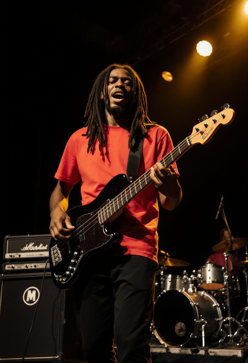 A highly detailed, realistic photograph of a young Black musician with long dreadlocks performing on a dimly lit stage, captured in a live concert setting with warm ambient lighting and deep shadows. He has a focused expression, mouth slightly open as if singing or concentrating, wearing a vibrant red short-sleeved t-shirt and black pants. He is playing a sleek black headless electric bass guitar with a strap, his left hand fretting the neck and right hand plucking the strings. In the background, blurred stage equipment including a black amplifier stack with circular logo, a silver drum set or pedalboard, and another guitar resting on a stand, all against a dark void-like backdrop. Photorealistic style, high-resolution digital photography medium, rich color palette dominated by reds, blacks, and warm yellow highlights from stage lights, emphasizing texture in hair, fabric, and glossy instrument surfaces, dynamic composition with slight motion blur on hands for energy.