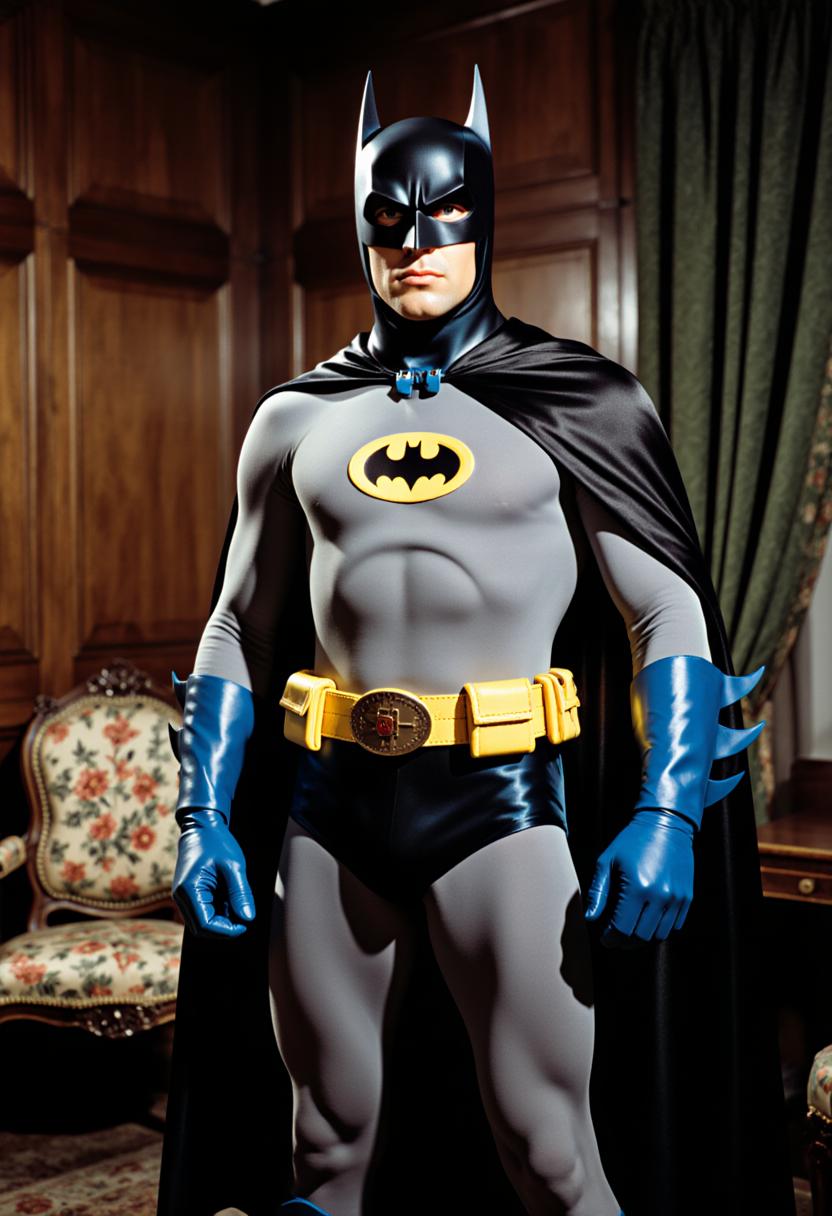 A highly detailed photorealistic portrait of Adam West as Batman from the 1960s TV series, standing confidently in a dimly lit vintage interior room with wooden paneled walls and heavy green curtains in the background, a ornate wooden chair partially visible to the left with floral patterns. Batman wears a form-fitting gray spandex bodysuit with a prominent yellow oval bat emblem on the chest, a flowing black satin cape draped over his shoulders, a black cowl mask with pointed bat ears and white eye lenses, blue elbow-length gloves, blue shorts over gray tights, and blue boots. A wide yellow utility belt with a central bat buckle and pouches encircles his waist. His expression is serious and heroic, with fair skin, dark hair peeking from the mask, and a square jawline. The image is in a classic color photograph style from the 1960s, with warm lighting casting soft shadows, vibrant primary colors like gray, black, yellow, and blue dominating the palette, high contrast and slight grain for a retro film aesthetic, ultra-detailed textures on the shiny fabric and leather elements, cinematic composition centered on the figure.