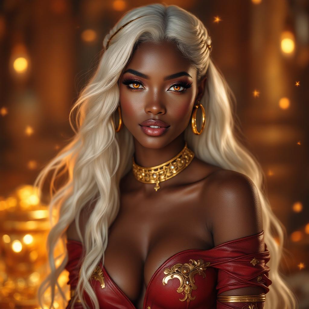 A captivating portrait of a beautiful dark-skinned woman with striking amber-orange eyes, long flowing white hair cascading in soft waves, adorned with a golden headband and small golden hoop earrings. She wears a ornate golden choker necklace and a form-fitting red leather off-shoulder top with intricate golden armbands and detailing, her shoulders and collarbone elegantly exposed as she leans forward with a subtle, confident smile on her full lips. The background glows with warm fiery orange and gold tones, suggesting a mystical or treasure-filled environment with hints of sparkling golden objects. Rendered in highly detailed digital fantasy art style, realistic yet ethereal medium, vibrant color palette dominated by rich reds, golds, and warm ambers, soft dramatic lighting highlighting her smooth skin and hair textures, high-resolution, cinematic composition.