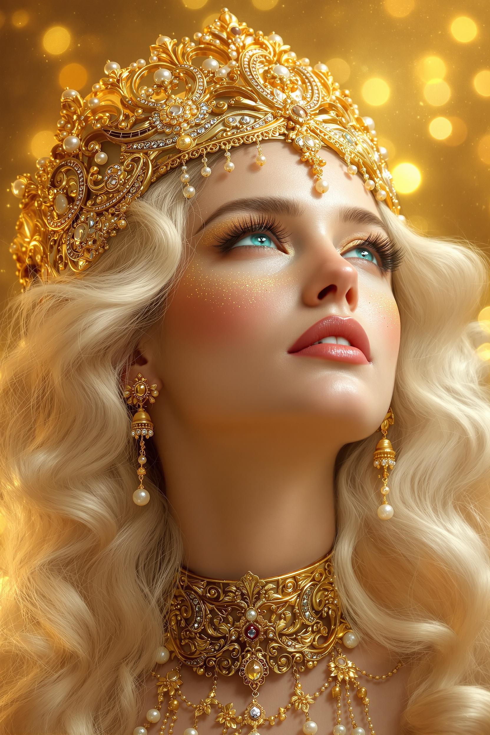A highly detailed digital portrait of a ethereal young woman with porcelain skin, gazing upwards with an expression of wonder and serenity, her piercing turquoise blue eyes enhanced by shimmering golden eyeshadow and thick black lashes, full glossy lips in a soft nude-pink hue, flawless makeup with subtle golden glitter highlights on her cheeks and nose; she has voluminous wavy platinum blonde hair cascading in soft curls around her face, adorned with an intricate golden tiara featuring ornate filigree designs, dangling pearl beads, and jewel-encrusted motifs inspired by ancient Indian or fantasy royalty; she wears a matching golden choker necklace with elaborate patterns; the background is a radiant golden haze with bokeh lights and ethereal glow, evoking a magical, opulent atmosphere; art style is hyper-realistic fantasy digital painting in the vein of artists like Alphonse Mucha and modern digital illustrators, with vibrant warm color palette dominated by golds, ambers, and yellows contrasted by cool blue eyes, high dynamic range lighting with soft volumetric god rays and subtle sparkles, ultra-high resolution, intricate details in textures like metallic sheen on jewelry and silky hair strands, cinematic composition focused on her face in close-up view.