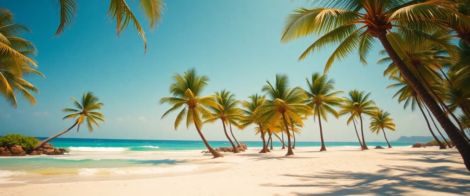 Shot composition: Wide-angle view from ground level capturing the expansive tropical beach with palm trees framing the foreground and gentle waves rolling into the distance.
Scene setting: Sunny tropical beach in the warm afternoon light, with scattered palm trees swaying lightly, soft turquoise waves lapping at the white sand shore, and a clear blue sky creating a serene and inviting atmosphere.
Subject and wardrobe: Empty idyllic landscape with no human subjects, emphasizing the natural beauty of the swaying palm fronds and rippling ocean waves.
Motion and animation: omit if not relevant to still imagery
Camera movement: none
Visual style: Vibrant and photorealistic aesthetic with warm golden-hour color grading, subtle film grain for a dreamy tropical paradise feel.