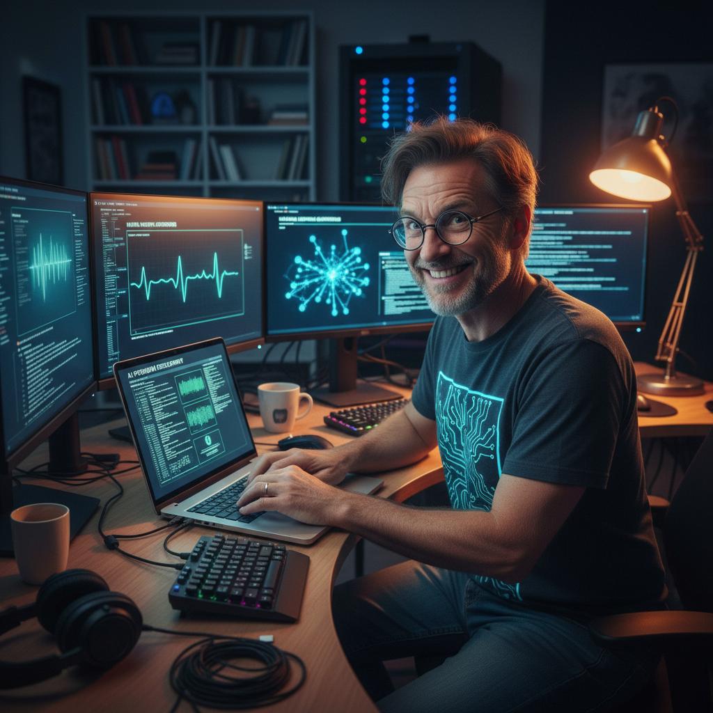 Shot composition: Medium close-up framing a man at his desk, captured with a 50mm lens to focus on his face and computer screen while including subtle workspace details.

Scene setting: Cozy modern home office at night, illuminated by the soft blue glow of multiple computer monitors and warm desk lamp light, creating a dimly lit, intensely focused atmosphere with scattered tech gadgets around.

Subject and wardrobe: A middle-aged man with disheveled hair and glasses, wearing a casual graphic t-shirt and jeans, intensely typing code on his laptop as he develops an AI program, his face lit with an awkward, overly enthusiastic cringe smile showing forced excitement and slight embarrassment.

Motion and animation: omit if not relevant to still imagery

Camera movement: none

Visual style: Realistic digital art with vibrant neon accents from screens, subtle cinematic color grading in cool blues and warm oranges, fine digital grain for a tech-savvy, immersive feel.