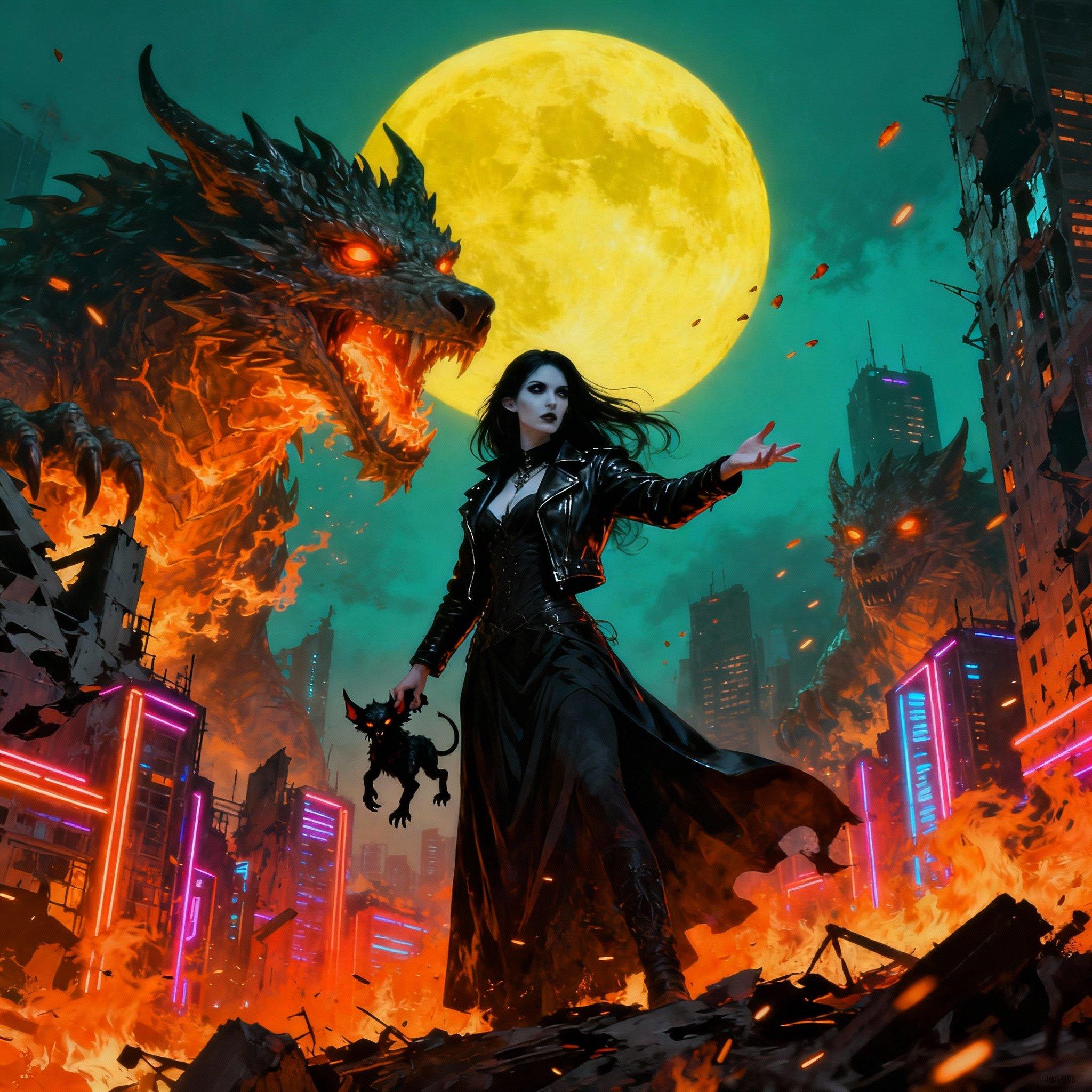 A mysterious female sorceress with pale skin, sharp features, long flowing black hair, and intense dark eyes stands confidently in the foreground of a dystopian, apocalyptic cityscape at night, her black leather jacket and long flowing skirt billowing slightly as she extends one arm forward, holding a small, shadowy imp-like creature in her hand, while her other arm gestures commandingly; behind her, massive snarling dragon-wolf hybrid beasts with glowing fiery orange eyes and flames erupting from their jaws emerge from the crumbling ruins of towering skyscrapers, their forms blending into the architecture like living gargoyles; the scene is illuminated by a massive, oversized full moon in vivid yellow hues dominating the teal-green sky, casting eerie shadows and highlights; the city below is a labyrinth of jagged, neon-lit buildings engulfed in orange-red infernos, with sparks and embers floating in the air, creating a sense of chaotic destruction and dark magic; rendered in a highly detailed digital painting style inspired by artists like Simon Stålenhag and Greg Rutkowski, with hyper-realistic textures, dramatic chiaroscuro lighting, vibrant color contrasts between cool greens and warm fiery oranges, intricate details on fabrics and flames, cinematic composition in vertical format, high resolution, atmospheric depth, and a moody, fantastical cyberpunk aesthetic.