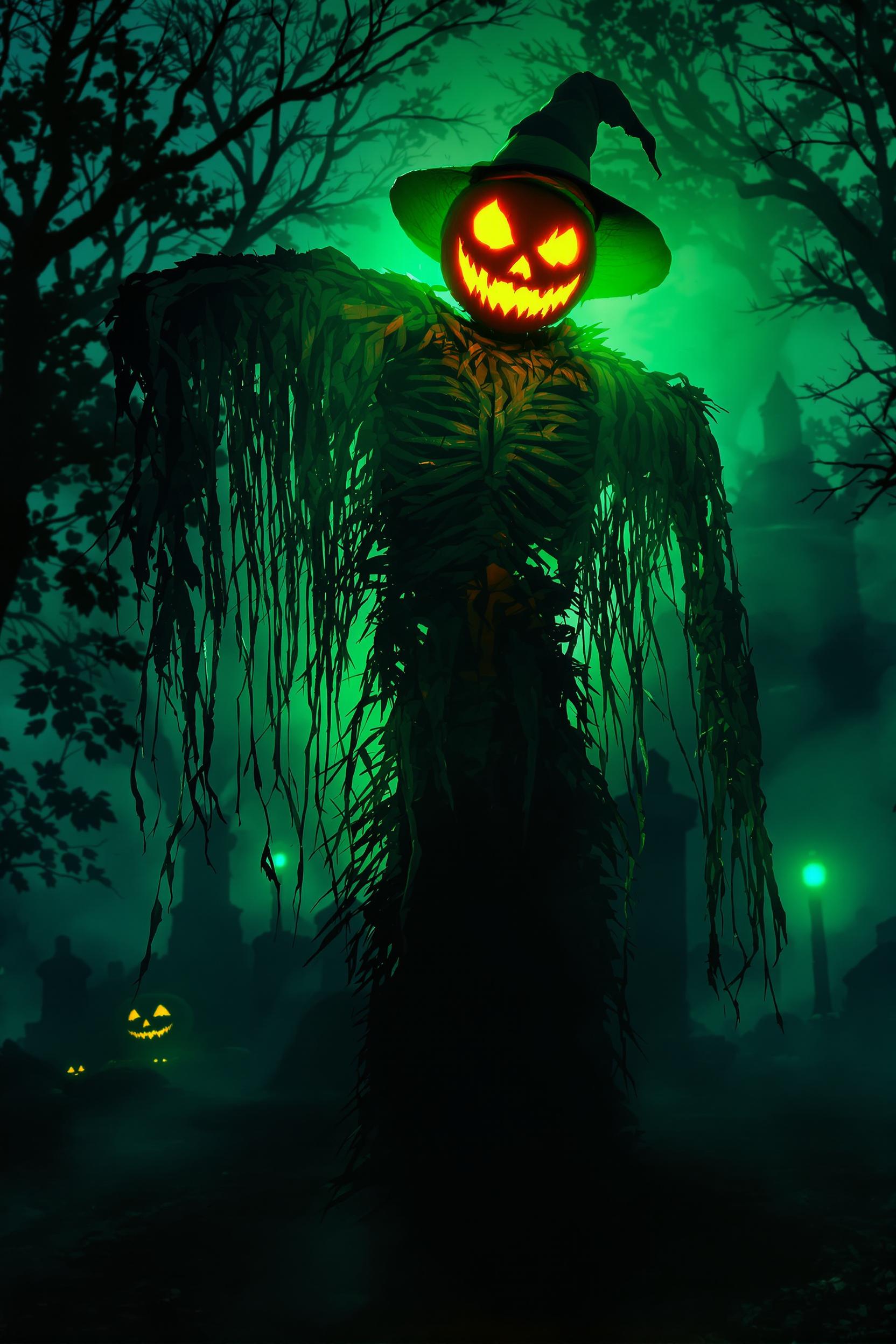 Jack-o-lantern-headed scarecrow glowing in neon orange and green, surrounded by misty graveyard, cinematic Halloween poster aesthetic with surreal lighting."