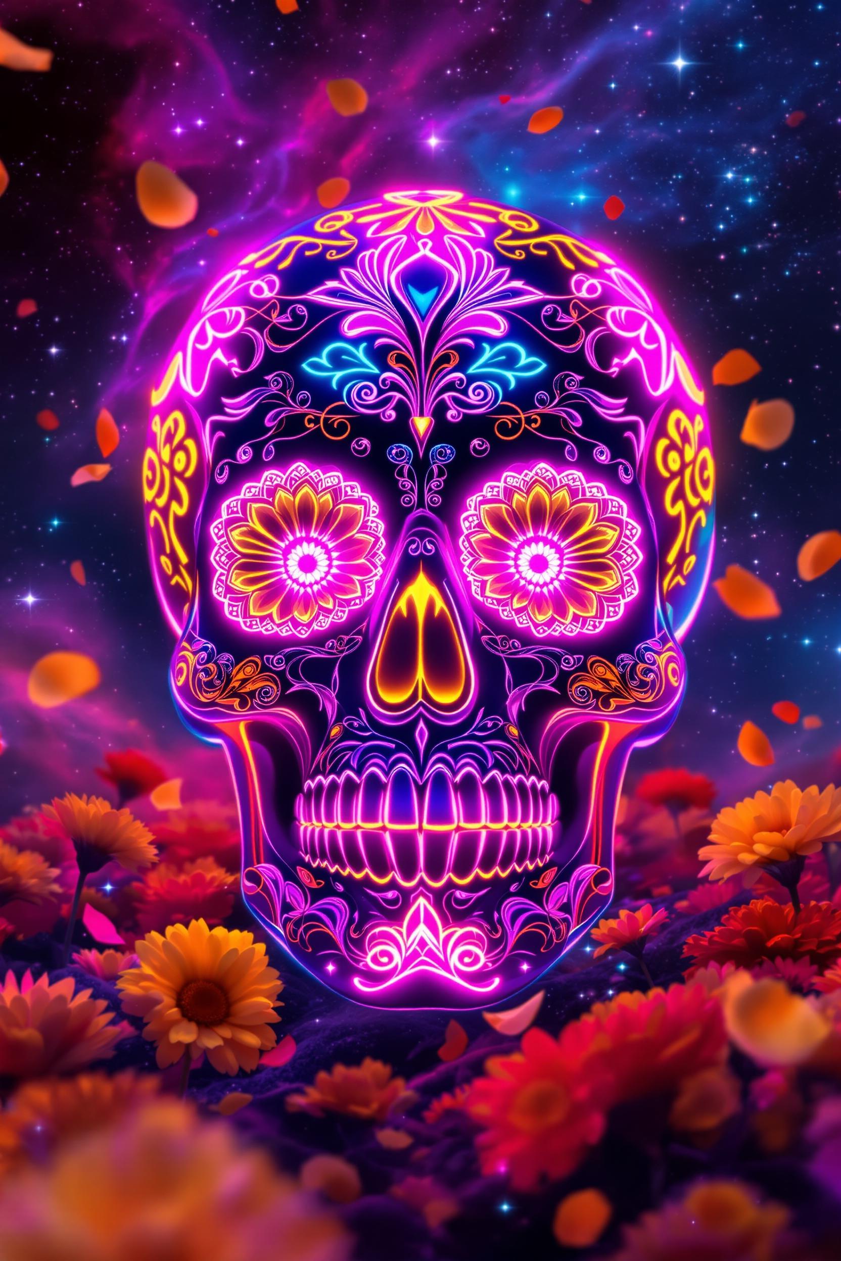 Shot composition: Close-up portrait framing the neon sugar skull centered against the cosmic expanse, with subtle foreground elements like floating marigold petals drawing the eye inward, shot using 85mm portrait lens for intimate detail and depth.
Scene setting: Surreal cosmic backdrop blending starry nebulae, swirling galaxies, and ethereal voids at twilight, illuminated by pulsating neon glows and bioluminescent auras for a vibrant, otherworldly atmosphere fusing cultural reverence with spooky mysticism.
Subject and wardrobe: Intricately detailed Day of the Dead sugar skull as the central subject, adorned with vibrant floral motifs, gemstone eyes, and intricate lace patterns in electric pinks, blues, and yellows, glowing with an inner neon radiance and a haunting yet celebratory expression.
Motion and animation: Omit if not relevant to still imagery
Camera movement: none
Visual style: Vibrant poster art aesthetic in a fusion of Mexican folk art and cyberpunk surrealism, with bold color grading of saturated neons against deep cosmic blacks, subtle film grain for a textured, retro-futuristic feel.