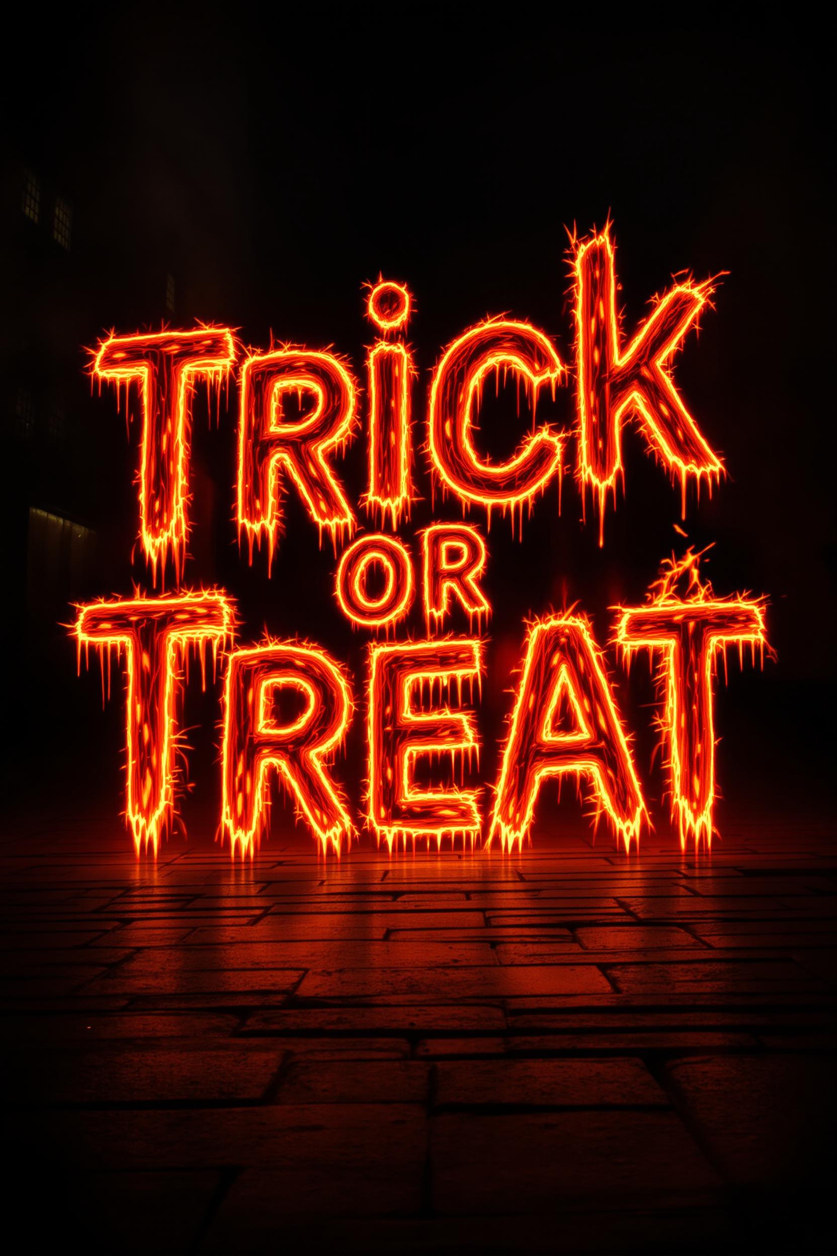 Shot composition: Close-up framing on the central typography against a dark textured background, centered with dramatic shadows emphasizing the letters' contours using a 35mm lens for balanced detail and immersion.

Scene setting: Moody Halloween night atmosphere in a foggy urban alley, illuminated by flickering streetlights and distant jack-o'-lantern glow, with a cinematic neon poster vibe evoking retro horror film posters under low-key, high-contrast lighting.

Subject and wardrobe: Bold, three-dimensional 'Trick or Treat' text sculpted in molten chrome letters dripping with fiery lava flows, glowing intensely in vibrant orange-red hues as if forged in flames, radiating a menacing yet alluring energy.

Motion and animation: Omit if not relevant to still imagery.

Camera movement: None for stills.

Visual style: Cinematic neon aesthetic with a warm fiery color grade blending metallic sheens and neon blues, subtle film grain for a vintage poster texture, high dynamic range for glowing highlights and deep shadows.