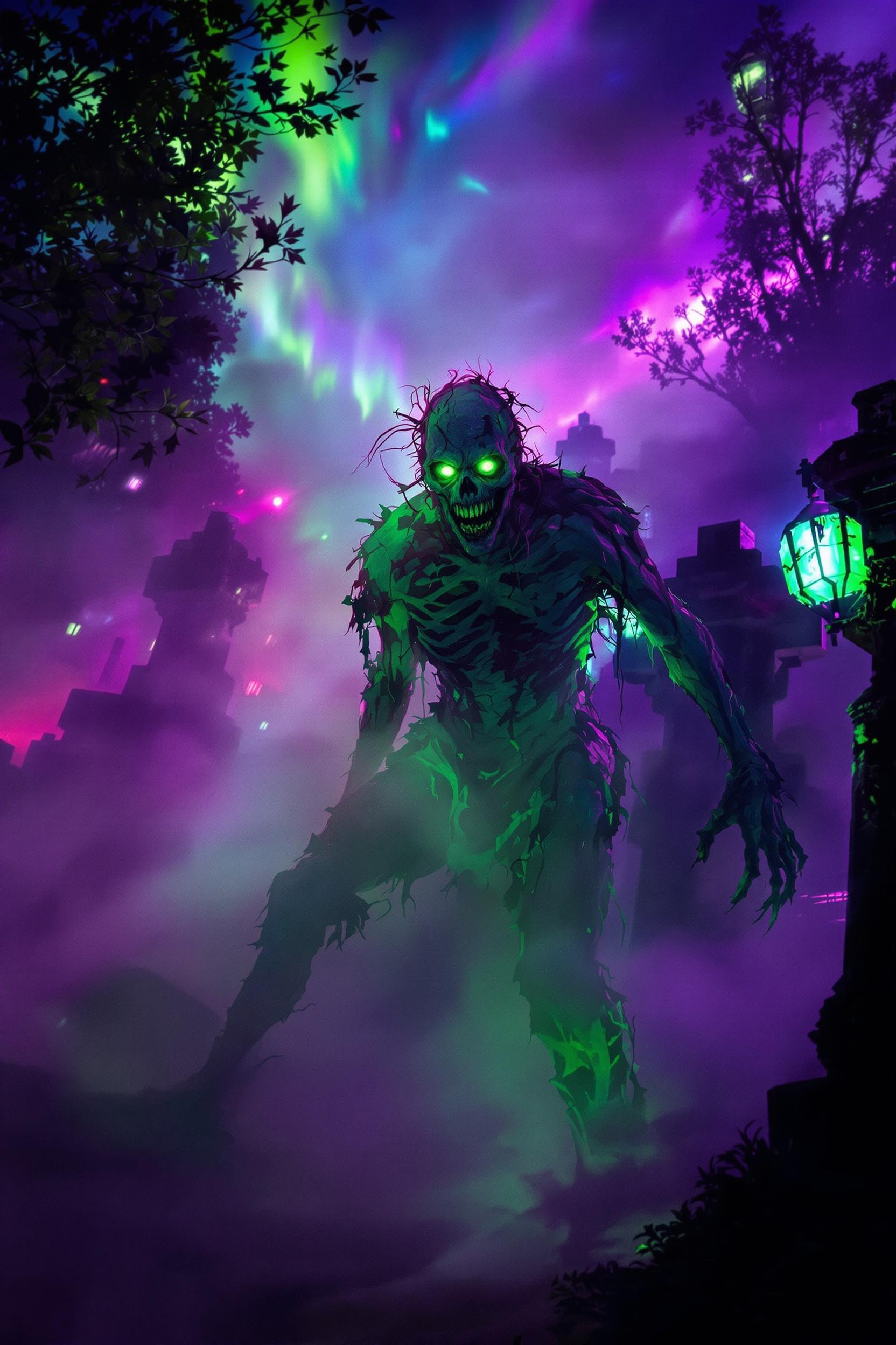 Shot composition: Medium shot framing a grotesque zombie emerging from swirling mist at waist level, captured with a 35mm lens to balance intimate horror details and surreal environmental depth.
Scene setting: Dimly lit urban graveyard shrouded in vibrant neon-colored mist at midnight, illuminated by flickering green auroras clashing against a turbulent stormy purple sky, evoking a tense, otherworldly horror atmosphere.
Subject and wardrobe: A decayed zombie with tattered flesh, exposed bones, and ragged burial clothes rising menacingly from the ground, its eyes glowing with an eerie green aura, face twisted in a snarling, undead expression of hunger.
Motion and animation: omit if not relevant to still imagery
Camera movement: none
Visual style: Surreal horror poster aesthetic with high-contrast neon glows, vibrant color grading in greens and purples, subtle film grain for a vintage thriller texture.