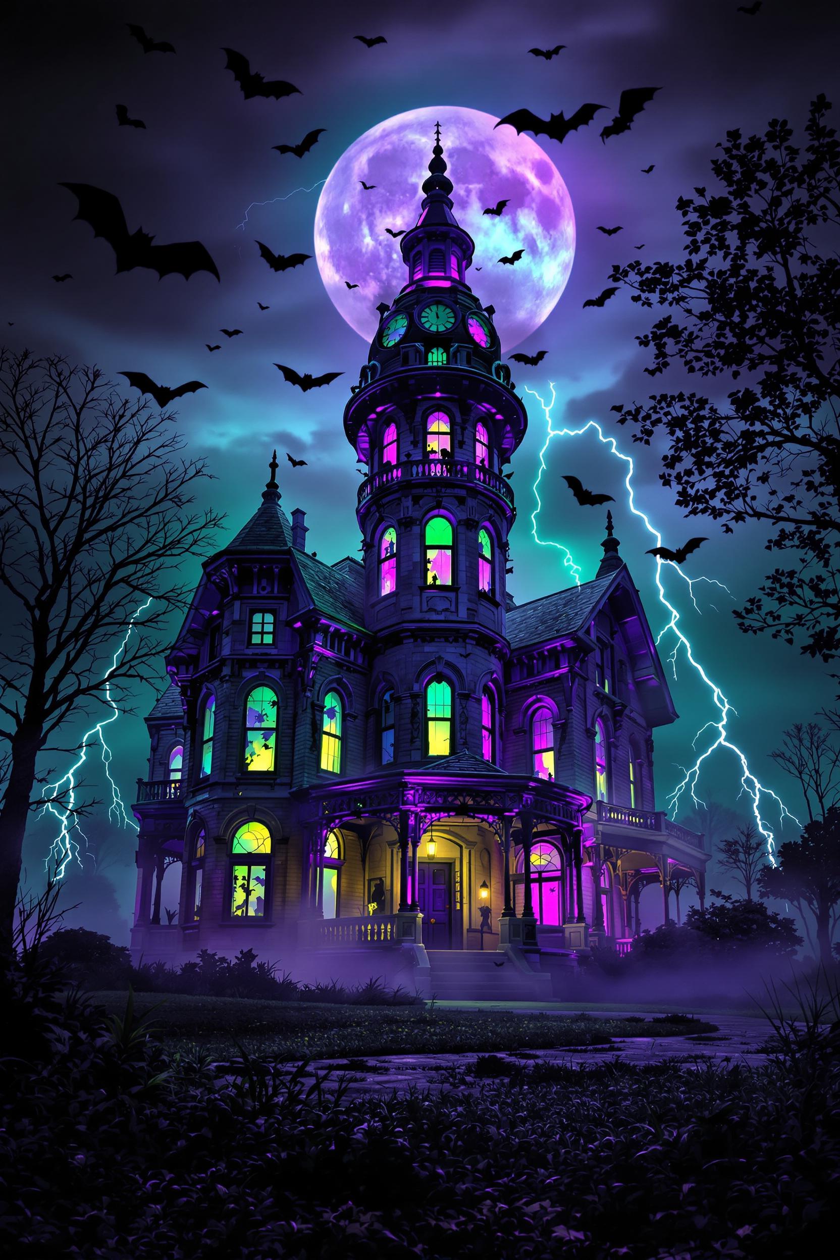 Shot composition: Wide-angle shot framing the towering haunted house from a low ground-level perspective, emphasizing its eerie silhouette against a stormy sky with bats swirling in the foreground.

Scene setting: Decrepit Victorian mansion at midnight under a full moon, enveloped in a glowing purple and green neon aura that casts ethereal shadows, with fog rolling across the overgrown lawn and lightning flashes adding a tense, supernatural atmosphere.

Subject and wardrobe: The house itself as the central subject, its cracked windows and sagging porch adorned with tattered cobwebs and flickering neon lights, no human figures to heighten the isolation.

Motion and animation: Omit if not relevant to still imagery

Camera movement: none

Visual style: Cinematic spooky poster aesthetic with high contrast and dramatic chiaroscuro lighting, vibrant neon color grading in purples and greens against desaturated grays, subtle film grain for a vintage horror vibe.