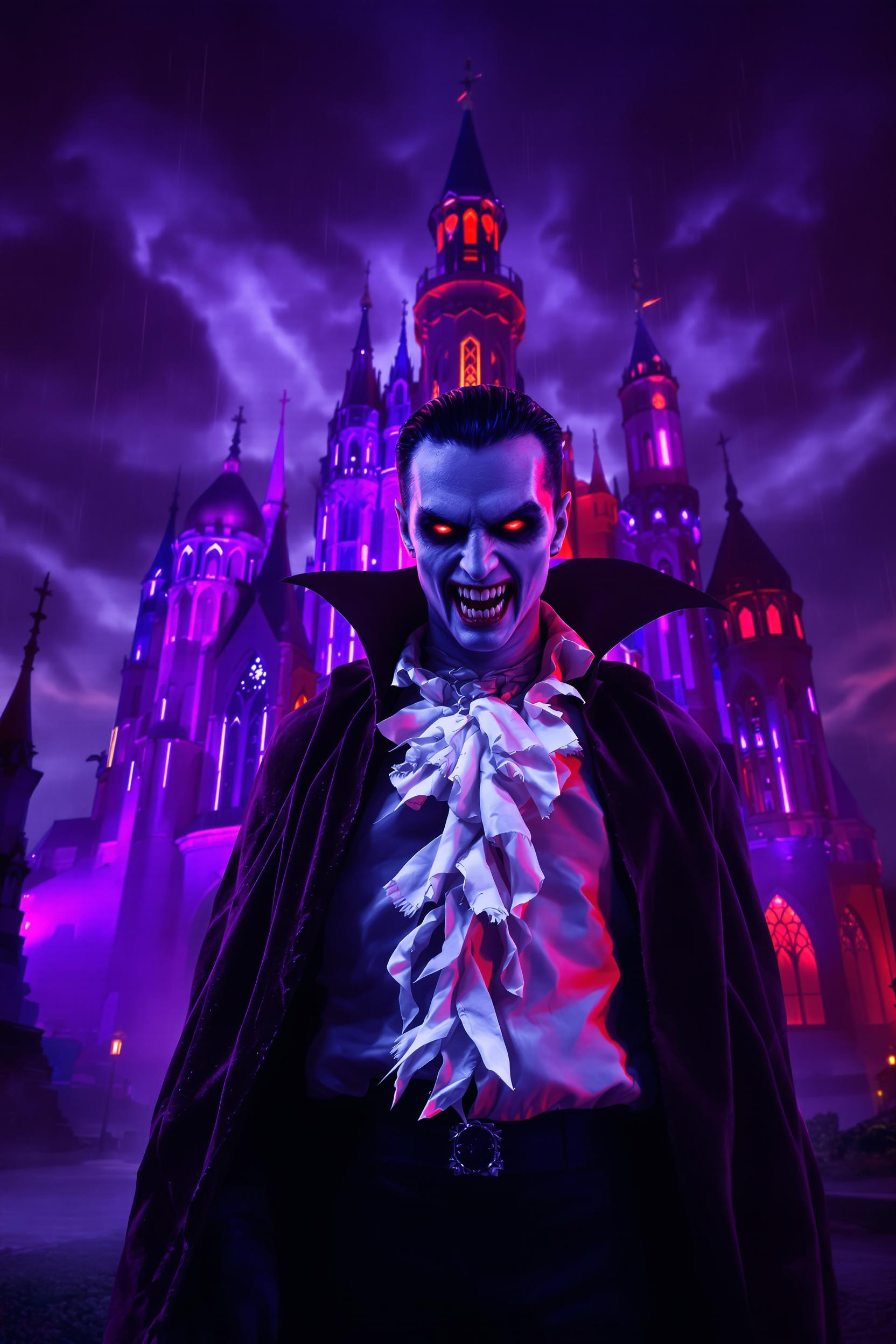 Shot composition: Close-up portrait of a menacing vampire facing the camera directly, framed against a towering gothic castle in the background with dramatic depth of field.
Scene setting: Neon-lit gothic castle at midnight under a stormy sky, with flickering purple and blood-red neon lights casting eerie glows on jagged spires and misty grounds, evoking a surreal horror atmosphere.
Subject and wardrobe: Pale-skinned vampire with sharp fangs, slicked-back black hair, and piercing glowing red eyes, dressed in a tattered black velvet cape over a ruffled white shirt and dark trousers, expression fierce and predatory.
Motion and animation: omit if not relevant to still imagery
Camera movement: none
Visual style: Surreal horror poster aesthetic with vivid purples and blood-red color grading, high contrast shadows, subtle film grain, and glossy digital rendering for a striking, otherworldly vibe.