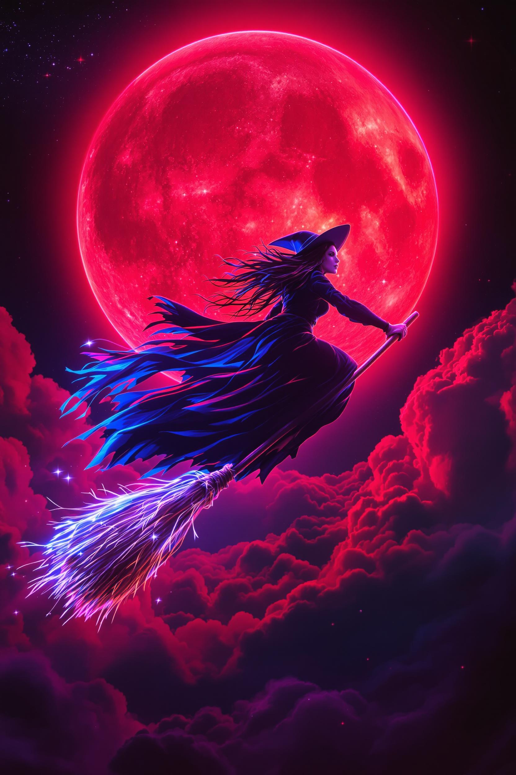 Shot composition: Full-body dynamic portrait of a witch soaring on a broomstick, centered against a vast crimson sky, captured with a 24mm wide lens to emphasize sweeping motion and atmospheric scale.
Scene setting: Midnight sky dominated by a massive glowing crimson moon, swirling with ethereal clouds and faint stars, illuminated by an otherworldly neon glow casting eerie shadows and dramatic highlights for a haunting, vibrant atmosphere.
Subject and wardrobe: A mysterious witch with flowing black robes, pointed hat, and wild hair streaming behind her, face showing intense determination and mystical allure, enveloped in a radiant neon aura of electric blues and purples.
Motion and animation: Subtle trails of motion blur from the broom and robes to convey swift flight.
Camera movement: None.
Visual style: Poster-style graphic design with bold, eerie vibrant colors in a high-contrast palette of deep reds, vivid neons, and glowing accents, featuring sharp details and subtle film grain for a dramatic, supernatural aesthetic.