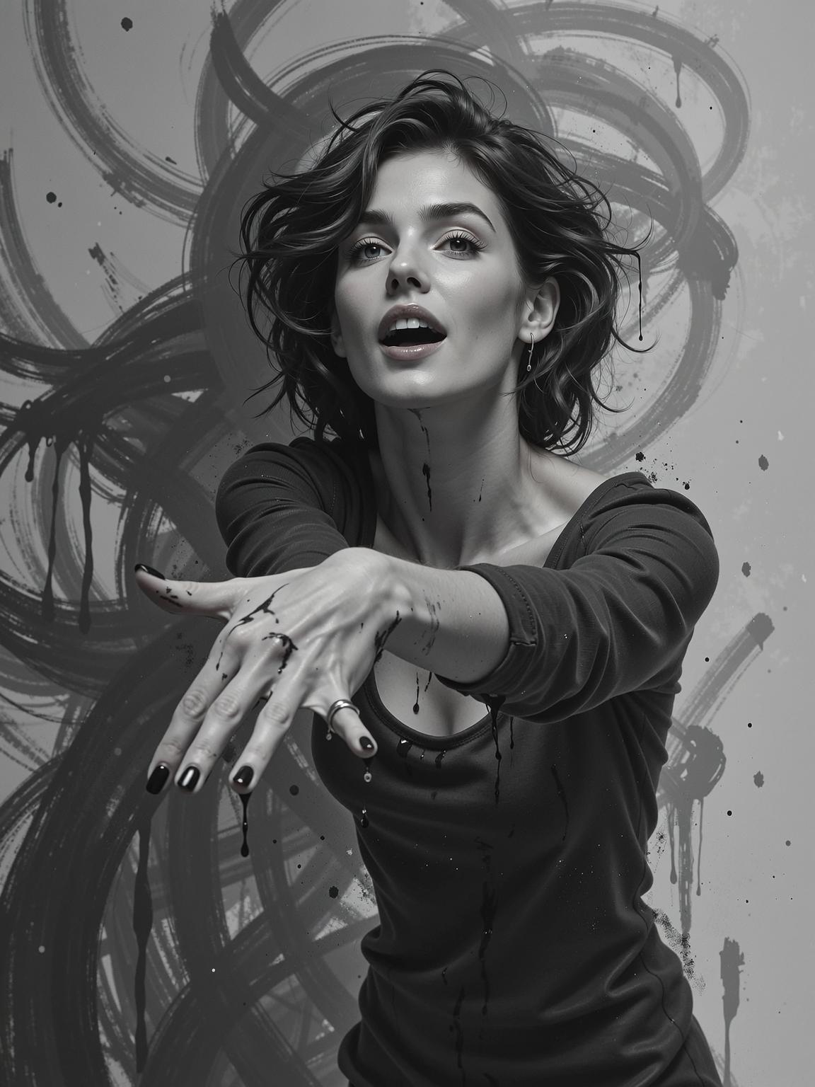 expressive blend of seductive female figurative and abstract elements.
Thick textured brushstrokes and a monochromatic palette to create a dynamic and emotional piece. 
Expressive techniques to convey emotion and movement in their work.
Abstract Expressionism.
Figurative Art.
Graffiti Art.
Surrealism.
Unique and emotive piece.